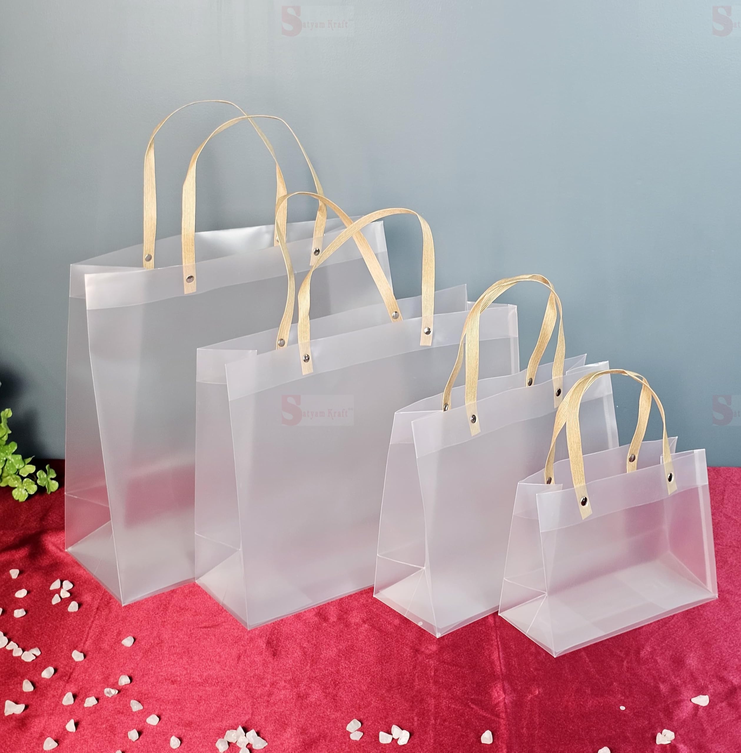 SATYAM KRAFT 4-Pack Translucent PVC Gift Bags (20cm x 25.5cm) - Elegant Party Favor Bags for Birthday, Wedding, Anniversary & Valentine's Day Gifts | Perfect for Shopping, Party Favors & Special Occasions
