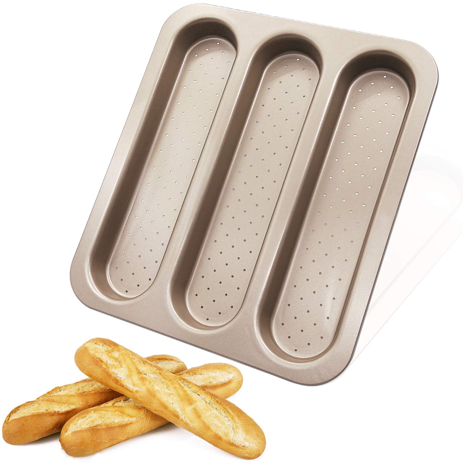 Premium Carbon Steel Perforated Baguette Pan - 3 Cavity French Bread Mold for Baking Long Loaf, Toast & Cake | Nonstick Bocadillo Tray | Oven-Safe Bakeware for Professional & Home Bakers | Perfect for Artisan Bread, Sandwiches & Party Appetizers