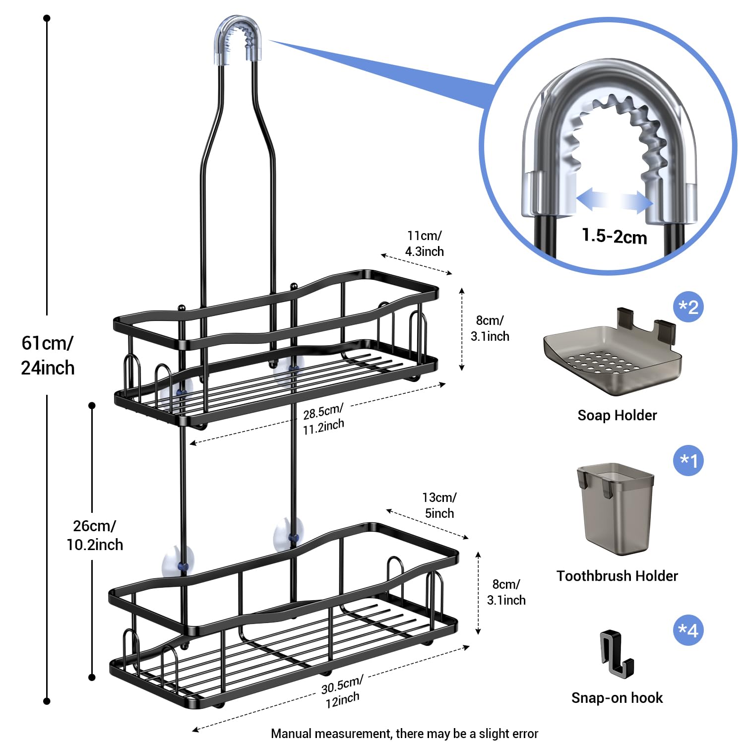 Rustproof Hanging Shower Caddy - No Drill Bathroom Organizer Shelf with Soap Holder for Shampoo & Toiletries - Black Over-the-Shower Storage Solution for Small Bathrooms & Apartments