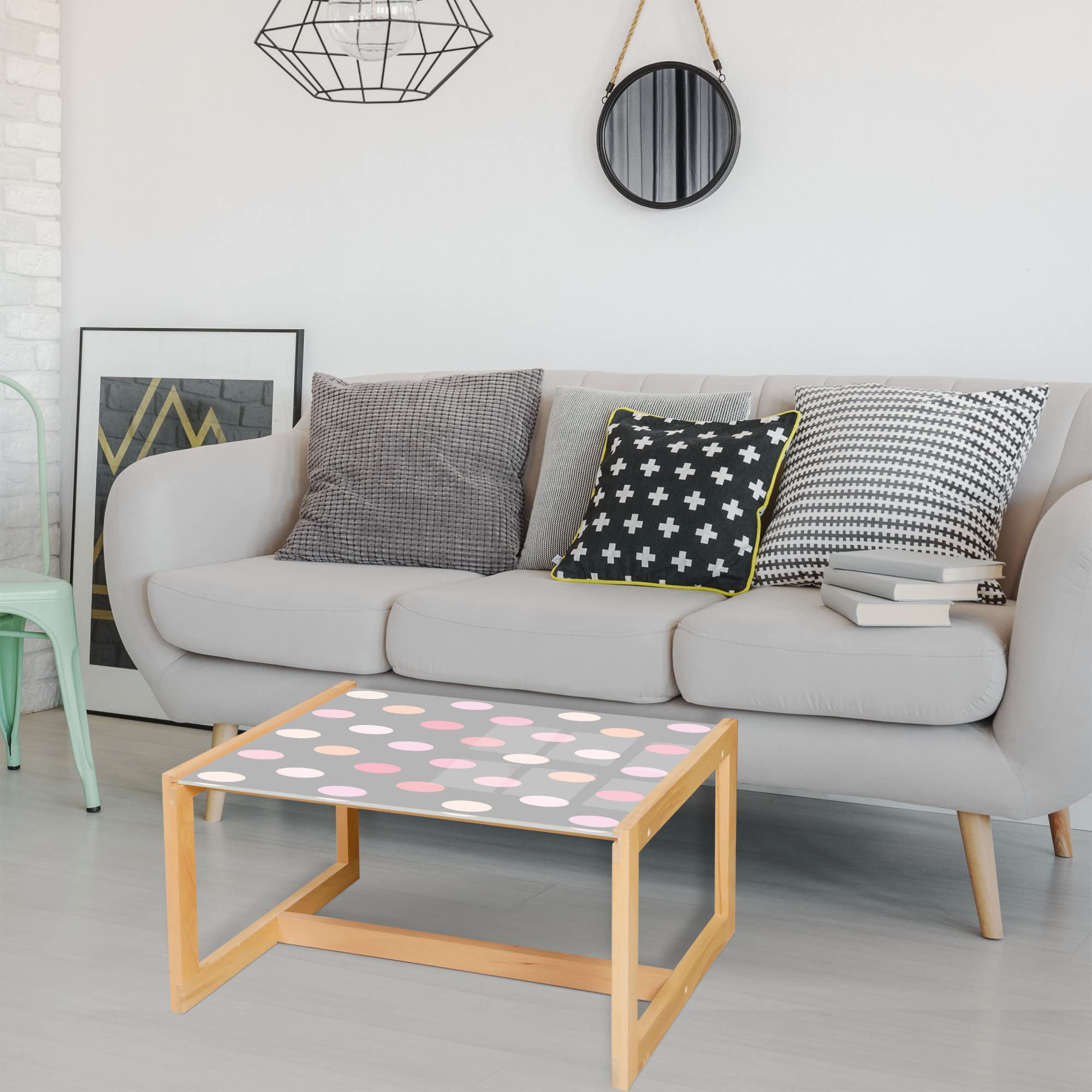 Ambesonne Pastel Coffee Table with Romantic Rosy Polka Dots - Acrylic Glass Top & Wooden Frame - Large Taupe Pink Center Table for Living Room, Office, Dorm - Perfect for Modern Home Decor & Small Spaces