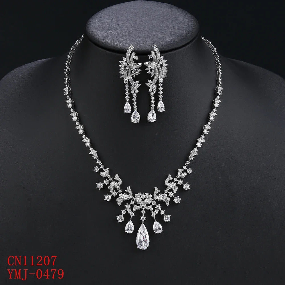 Luxury Cubic Zirconia Droplet Tassel Necklace Set for Women - Elegant Wedding Jewelry, Bridal Party Accessories, Dubai Style White Zirconia Pendant - Perfect for Weddings, Anniversaries & Special Occasions