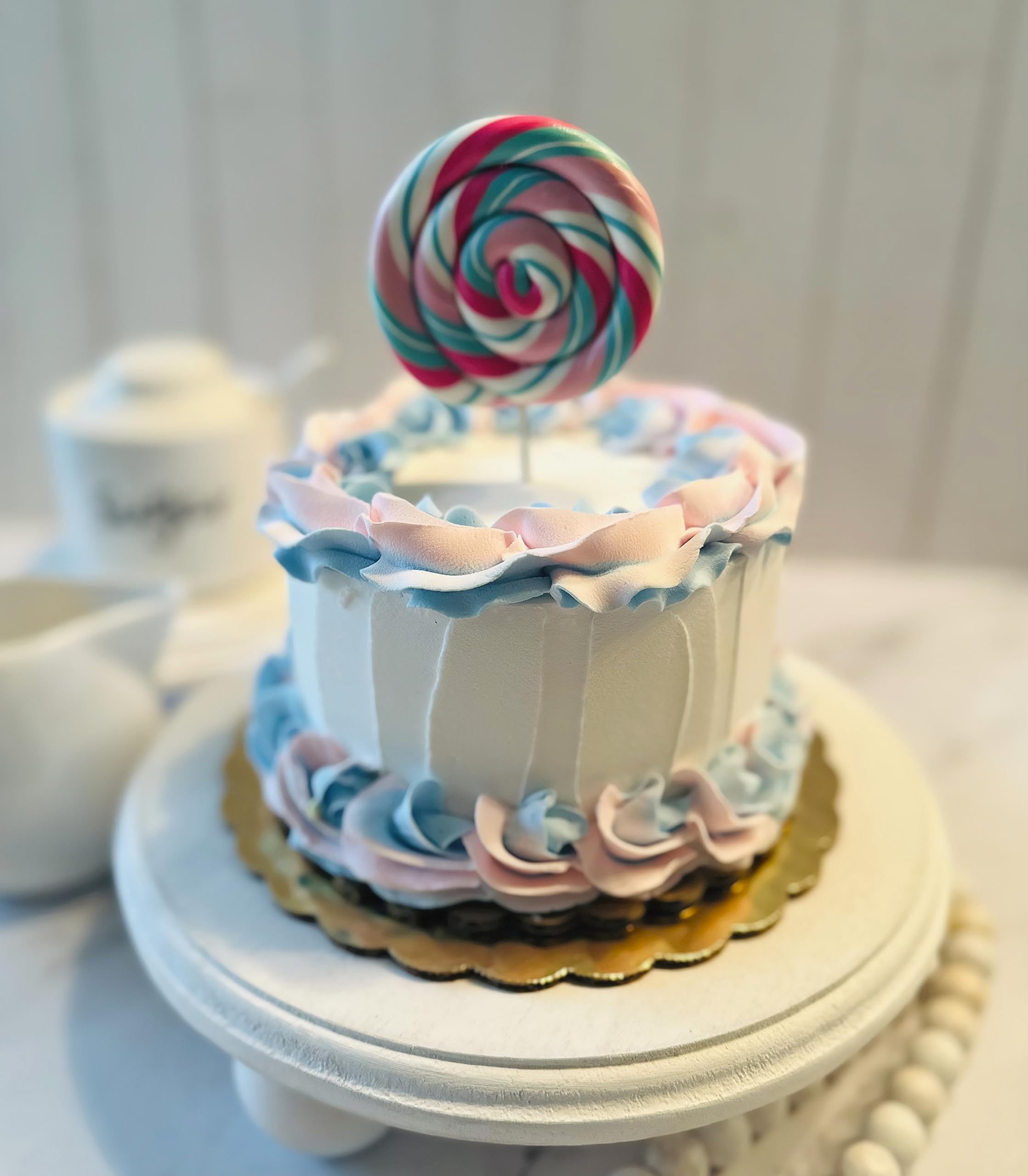 Dezicakes Handmade Fake Cake - Realistic White, Pink & Blue Lollipop Artificial Cake for Party Decorations, Wedding Centerpieces & Photo Props