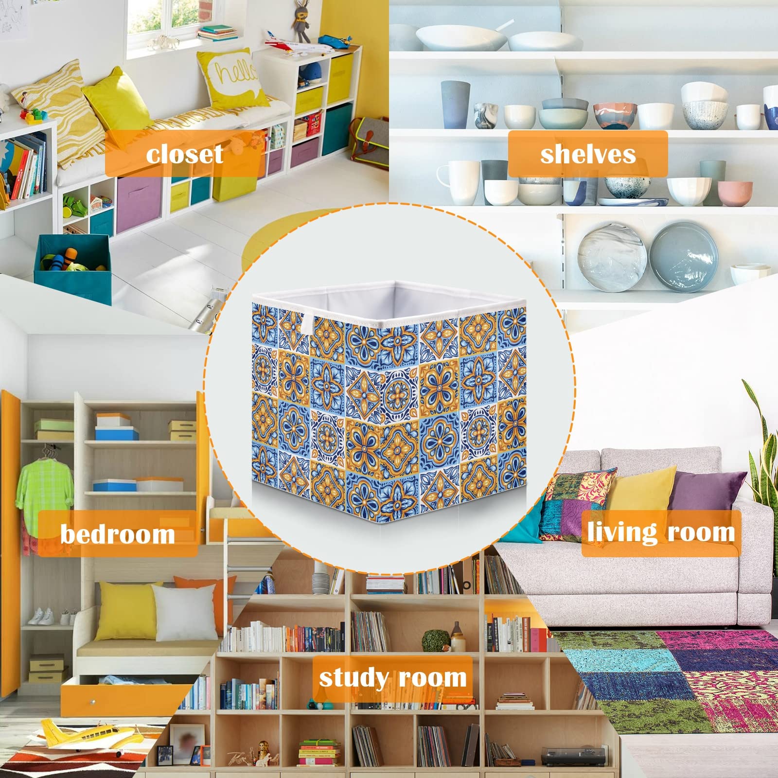 Italian Mexican Ceramic Tiles Blue Gold Orange Ethnic Folk Art Rectangular Storage Basket - Collapsible Foldable Organizer Bin for Toys, Clothes, Nursery | Easy to Assemble for Home Decor & Gift Giving