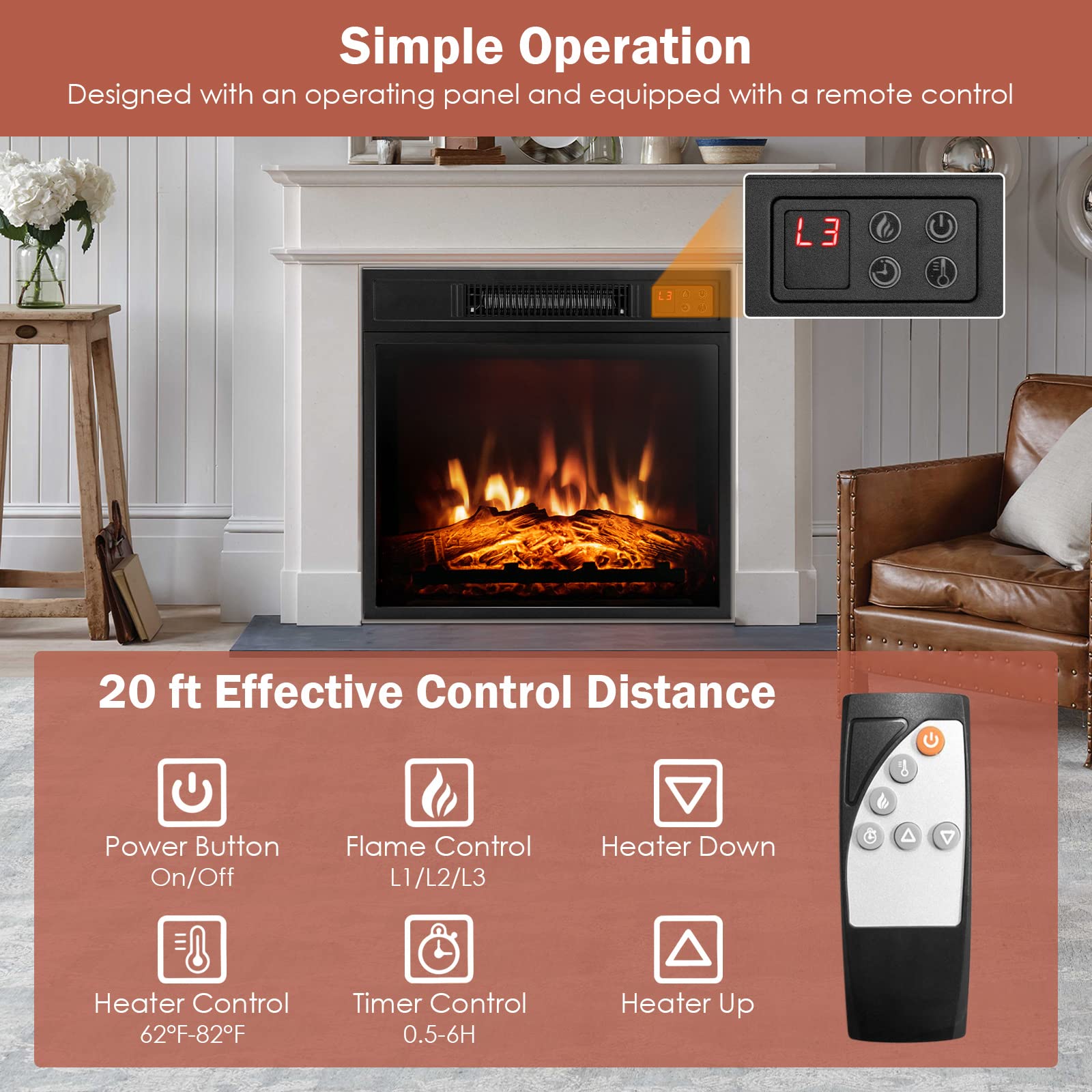 COSTWAY 18-inch Electric Fireplace Insert - 1400W Recessed Fireplace Heater with Remote Control, 3 LED Flame Effects & 6H Timer - Indoor Wall Mount or Freestanding Fireplace for Bedroom, Living Room, Home Office - Black (Perfect for Winter Heating & Cozy Ambiance)