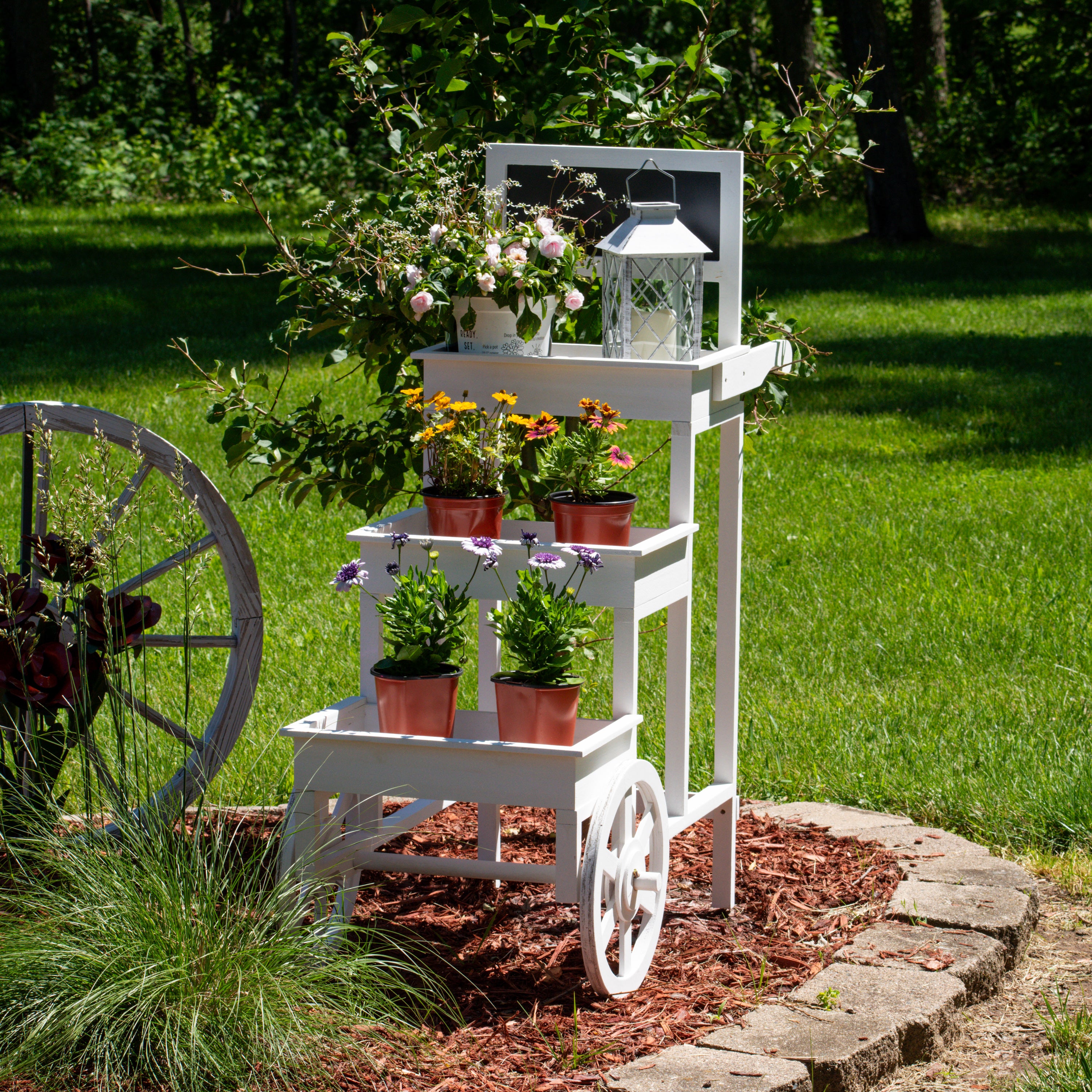 3-Tier Rolling Flower Cart Stand with Wheels - White Metal Garden Plant Display Rack for Indoor & Outdoor Decor, Patio, Balcony, and Backyard