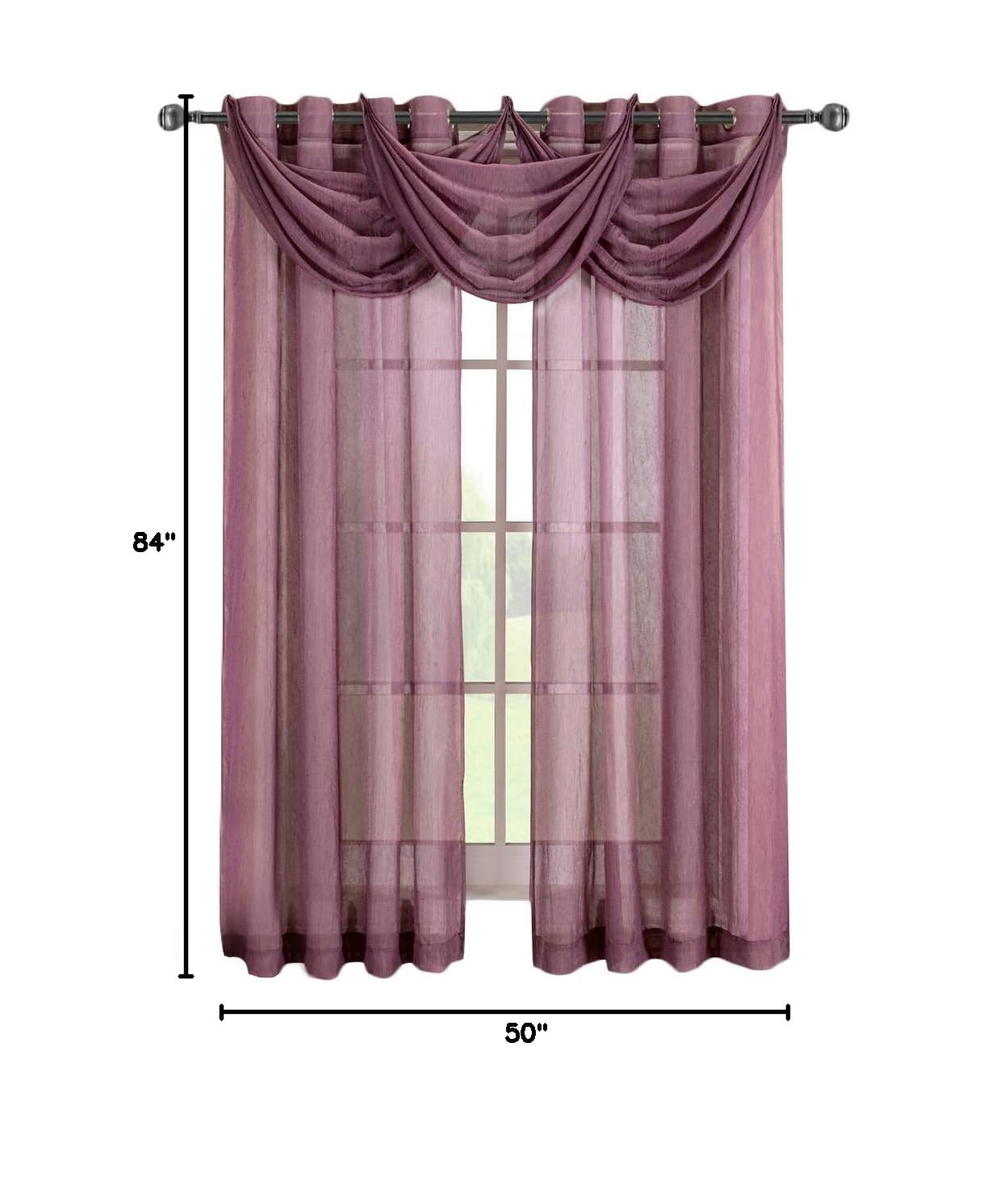 Royal Hotel Bedding Abri Eggplant Grommet Crushed Sheer Curtain Panel - 1 Panel, 50x84 Inches - Elegant Window Treatment for Living Room, Bedroom & Hotel Decor