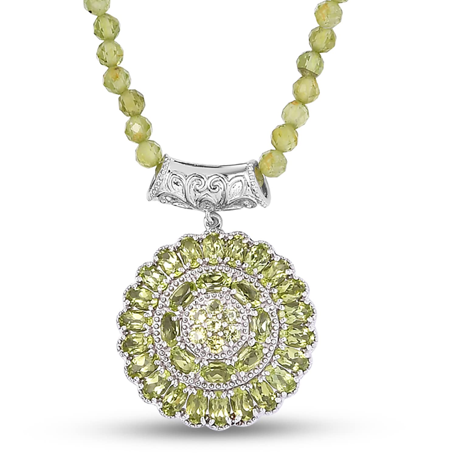 Peridot 925 Sterling Silver Platinum Plated Beaded Pendant Necklace for Women - 20