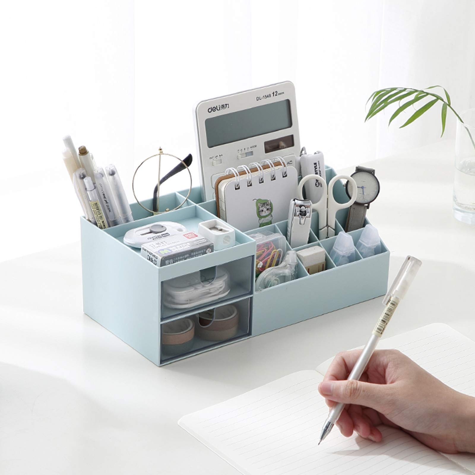 Vanity Makeup Organizer with Drawers - Cosmetic Storage Box & Desk Organizer for Office Supplies, Bathroom Counter or Dresser - Perfect for Makeup Brushes, Jewelry & Small Accessories (Blue)