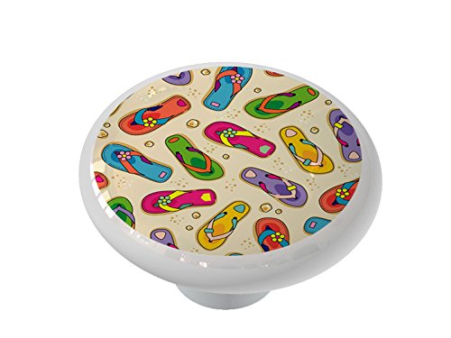 Vintage Flip Flop Collage Ceramic Drawer Knobs - Boho Beach Style Cabinet Handles for Bathroom, Kitchen & Furniture (Set of 6) - Perfect for Coastal Home Decor, DIY Projects & Cabinet Upgrades