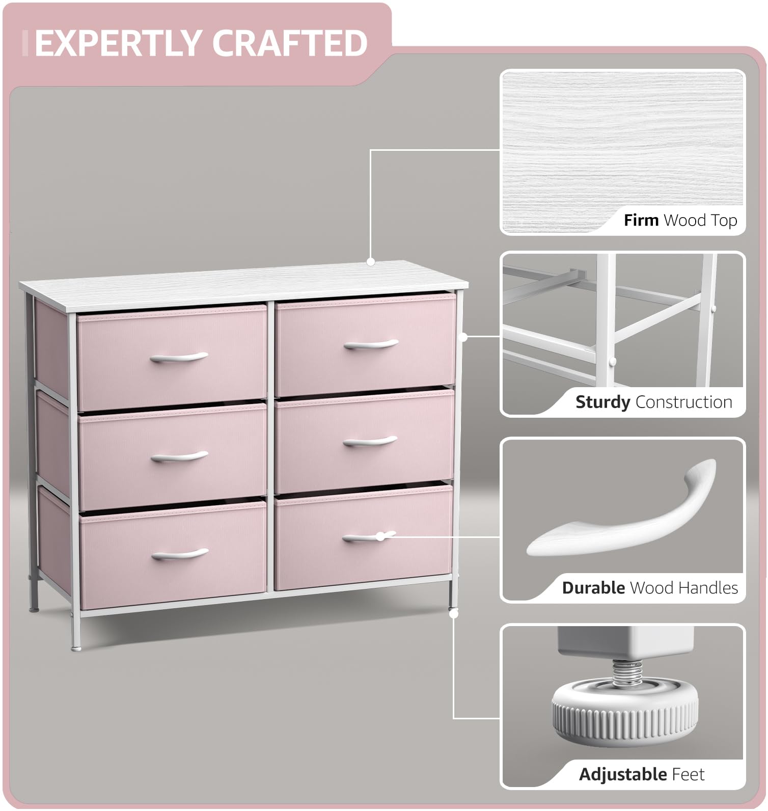 Sorbus 6-Drawer Dresser Storage Tower - Steel Frame & Wood Top Organizer with Easy Pull Fabric Bins for Bedroom, Hallway, Closet & Office - Pastel Pink (Perfect for Small Space Organization & Home Decor)