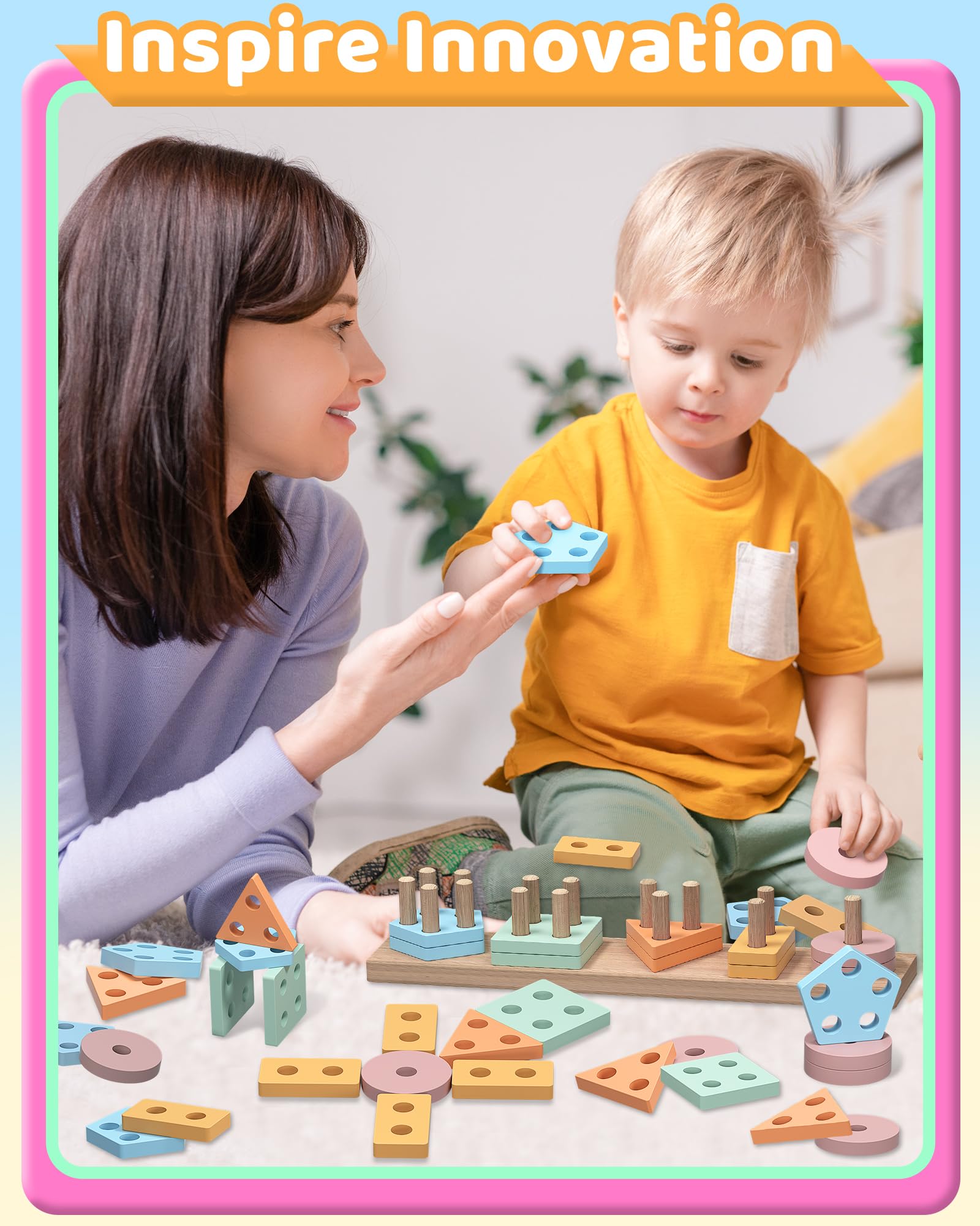 Montessori Wooden Stacking Blocks - Educational Toddler Toys for 1 2 3 Year Old Boys & Girls | Birthday Gift for 1-4 Year Olds | Learning Puzzle Game for Early Childhood Development | Perfect for Home, Preschool & Daycare Activities