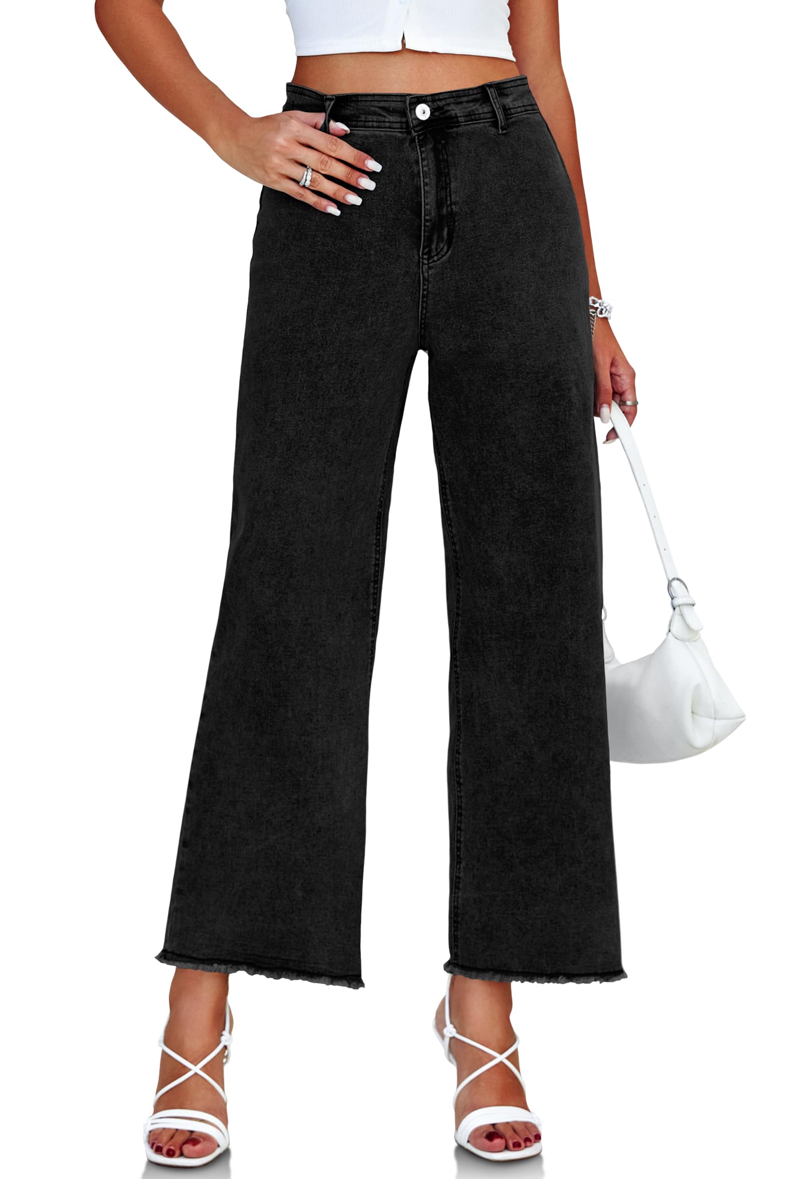 PLNOTME Women's Wide Leg Baggy Jeans - High Waisted Boyfriend Jeans with Raw Hem - Casual Stretch Denim Pants for Everyday Wear, Street Style & Lounge Comfort