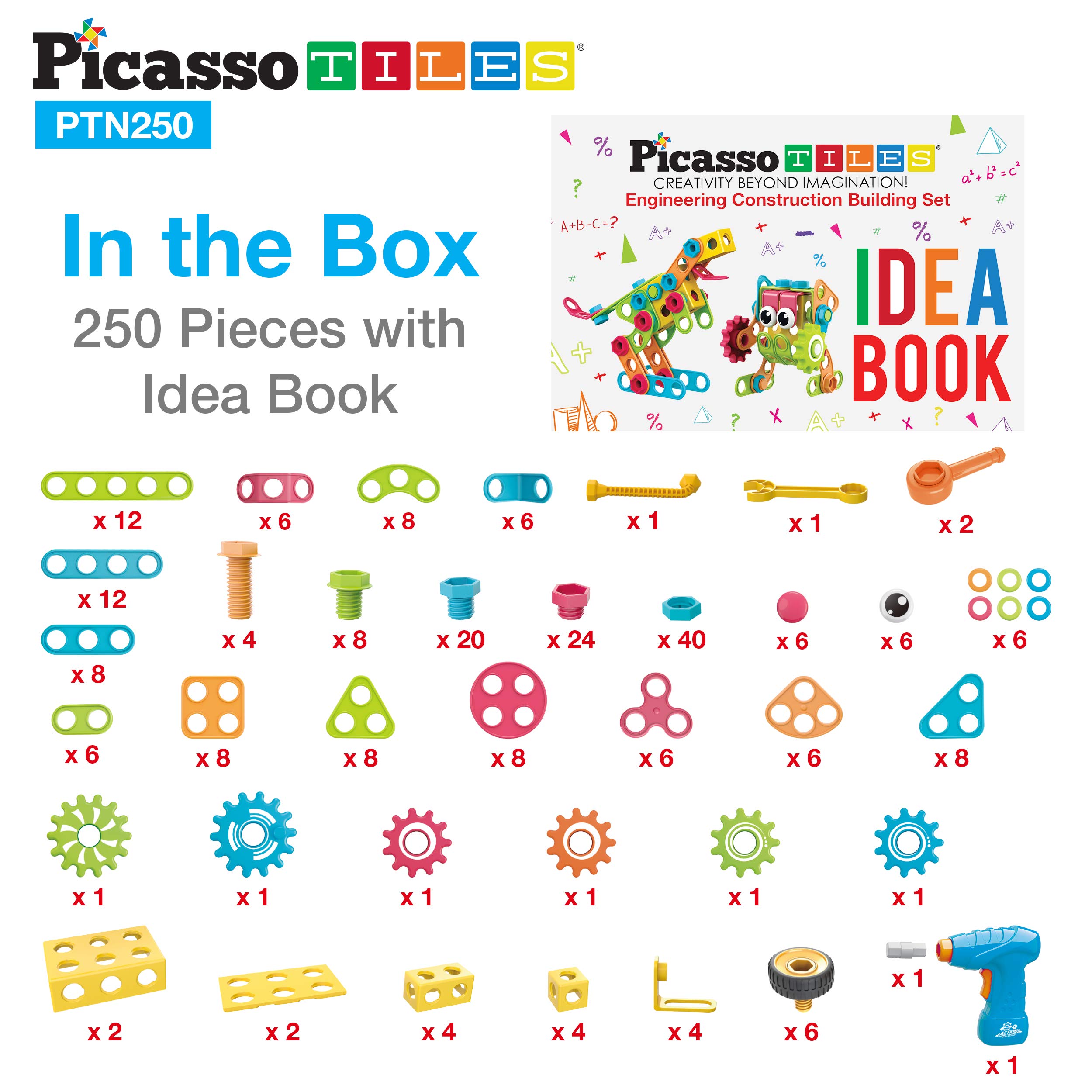 PicassoTiles 250 Piece STEM Building Blocks for Kids - Construction Engineering Learning Toys with Power Drill, Clickable Ratchet & Free Idea Book - Educational Playset for Ages 3+ (PTN250) | Perfect for Classroom STEM Activities, Birthday Gifts & Creative Playtime