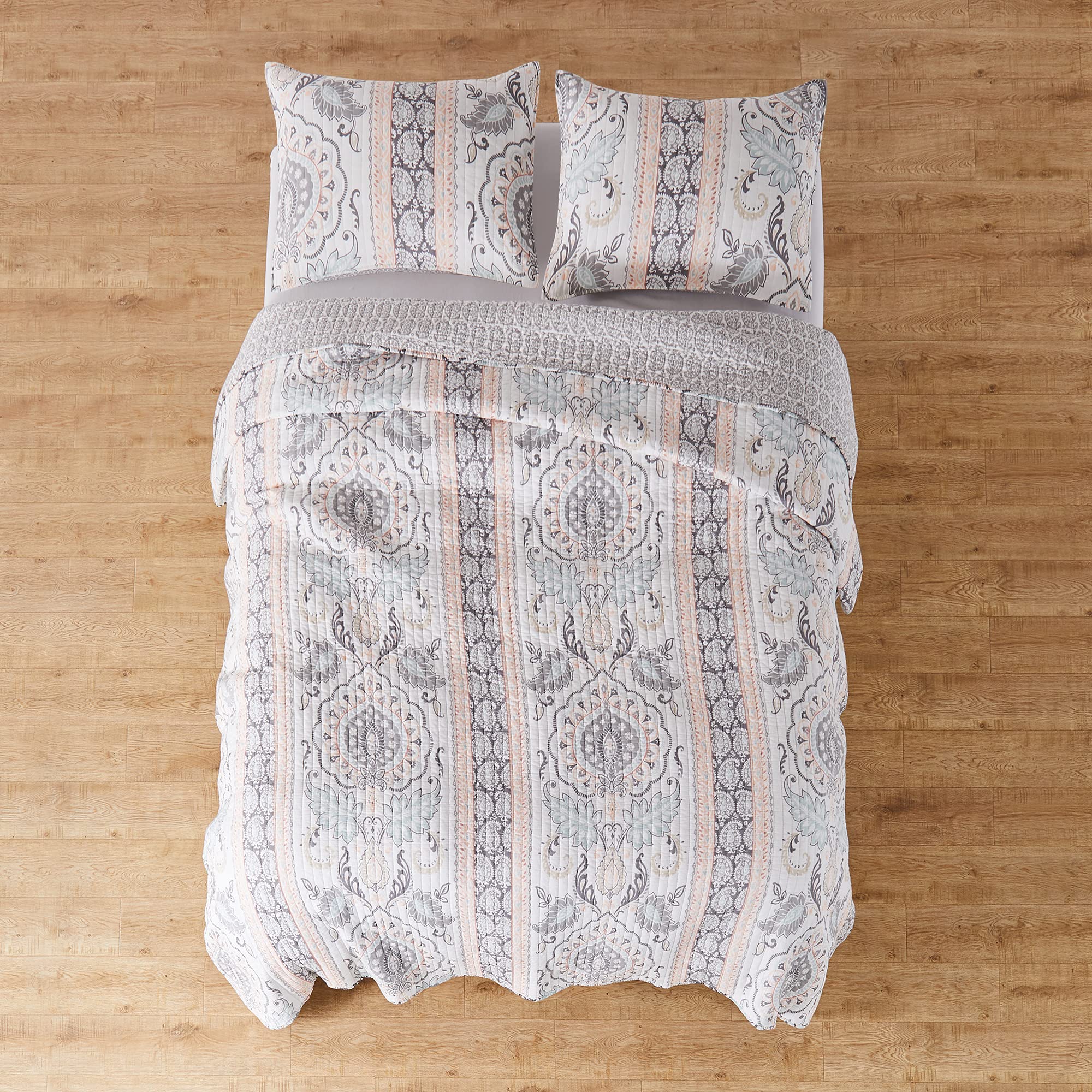 Levtex Home Darcy King Quilt Set - 100% Cotton Floral Bedding in Gray | Perfect for Master Bedroom, Guest Room & Cozy Home Decor