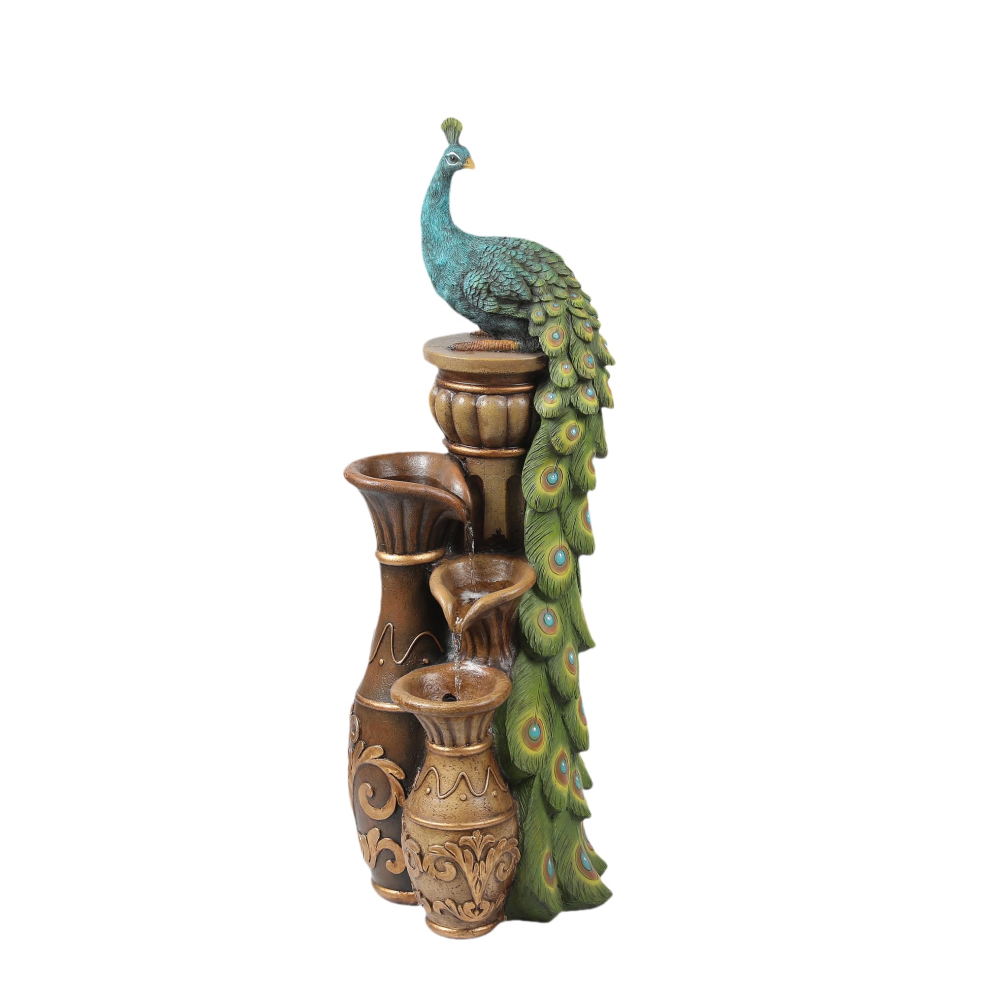 LuxenHome 44 Inch Resin Peacock Outdoor Water Fountain with Urns & LED Lights - Tall Garden Fountain, Patio Waterfall Decor in Brown/Teal - Perfect for Backyard, Lawn, and Outdoor Living Spaces