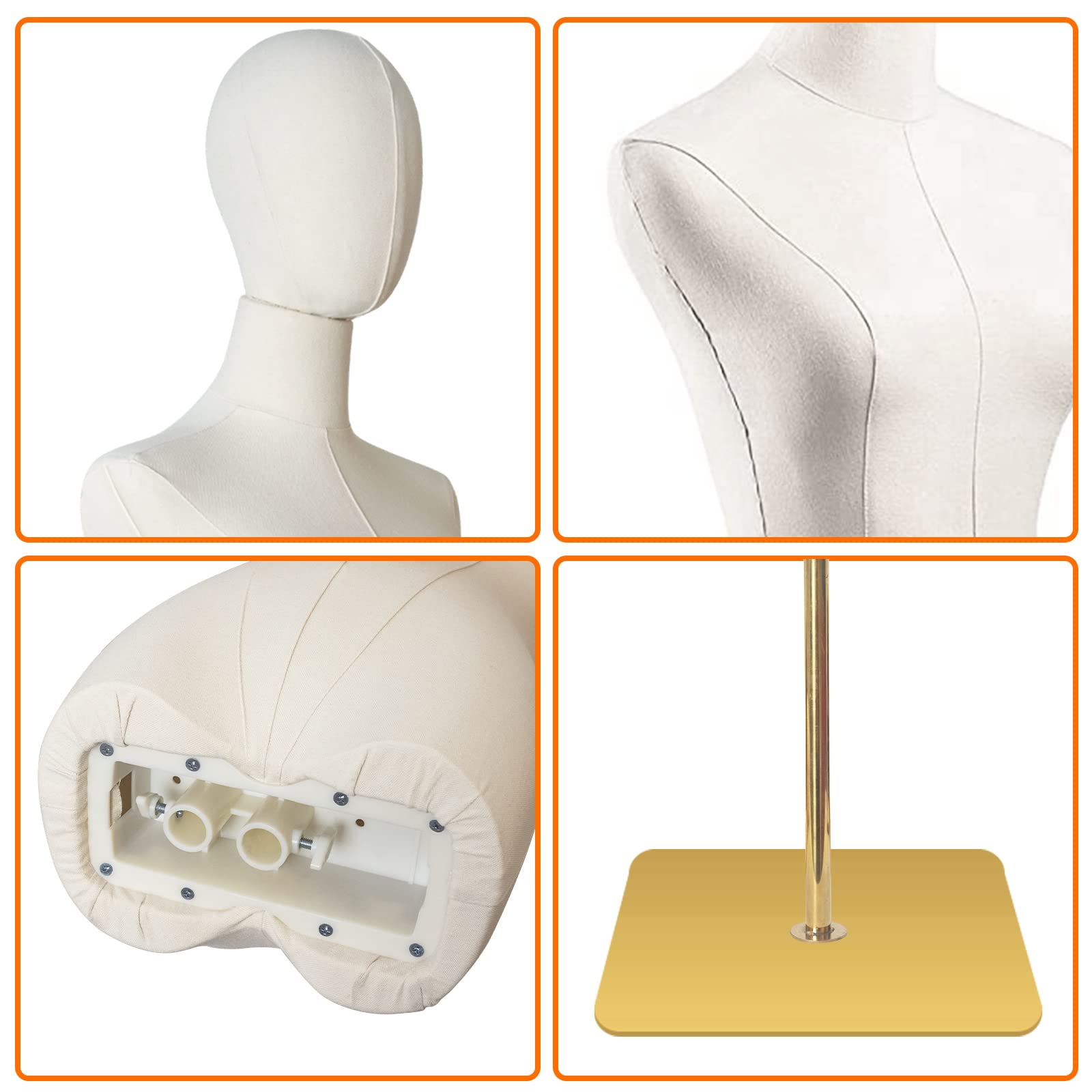 Professional Female Mannequin Torso with Detachable Head & Gold Metal Stand - Adjustable Dress Form for Sewing, Clothing Display & Jewelry Showcase - Perfect for Tailors, Fashion Designers & Boutique Visual Merchandising