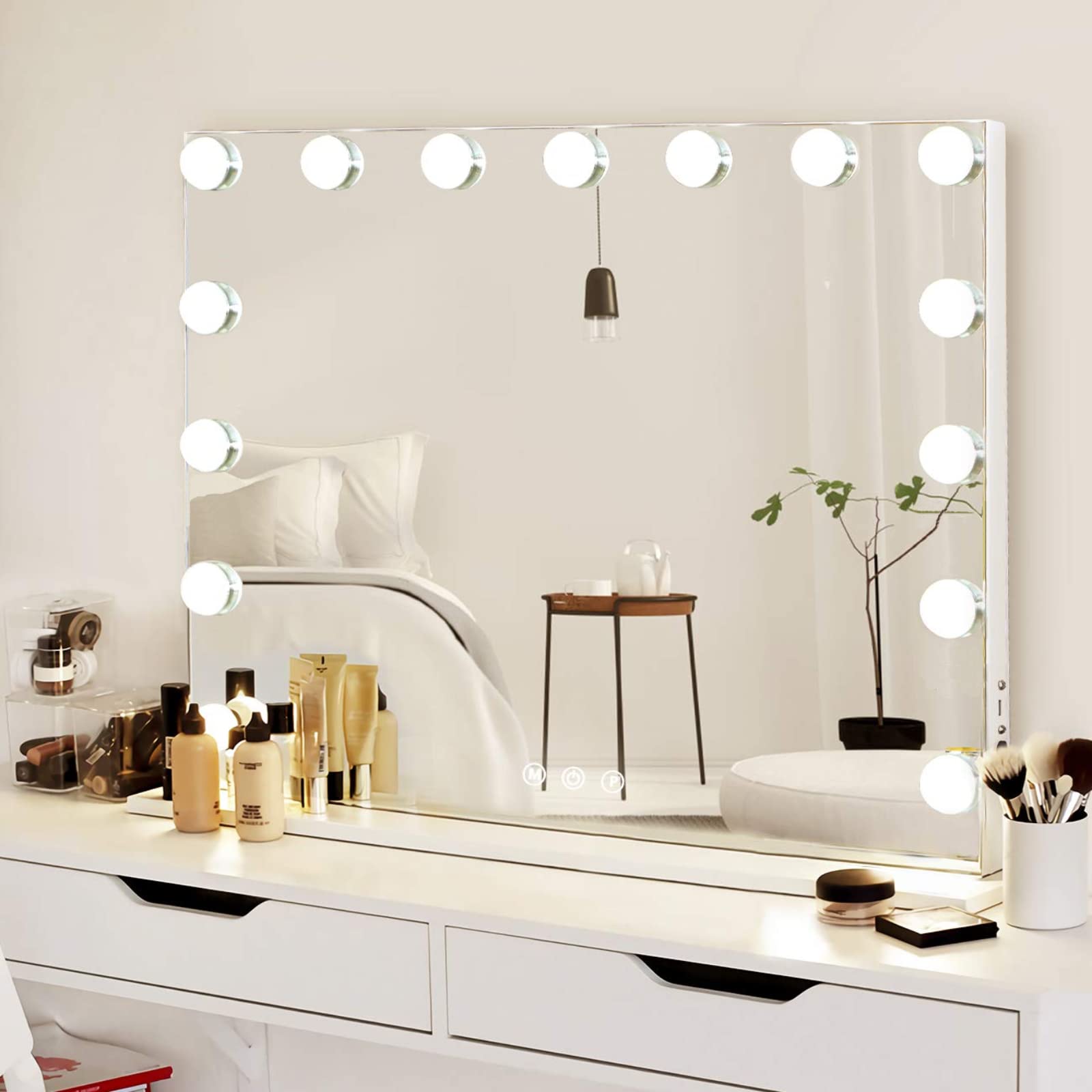Soldow 15 LED Dimmable Vanity Mirror with 3 Color Lights, 23x18 Inch Large Makeup Mirror with USB Charging Port & Detachable 10X Magnifying Mirror - Perfect for Home Dressing Table, Bathroom, and Professional Makeup Artists