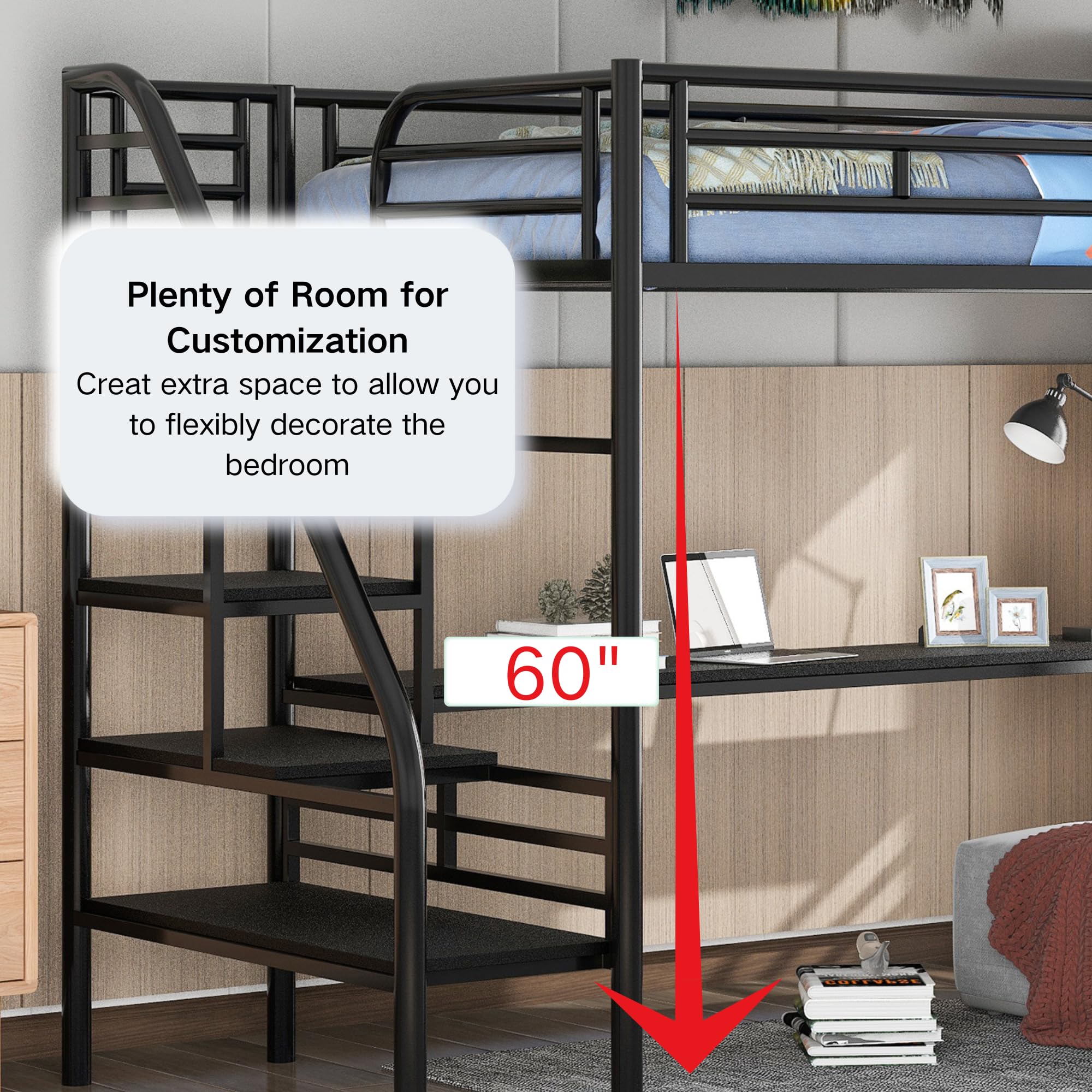 SOFTSEA Twin Size High Metal Loft Bed with Built-in Desk and Stairs - Space Saving Study Bed for Small Rooms, Dorm & Apartment - No Box Spring Needed - Sturdy Steel Frame for Teens & Adults