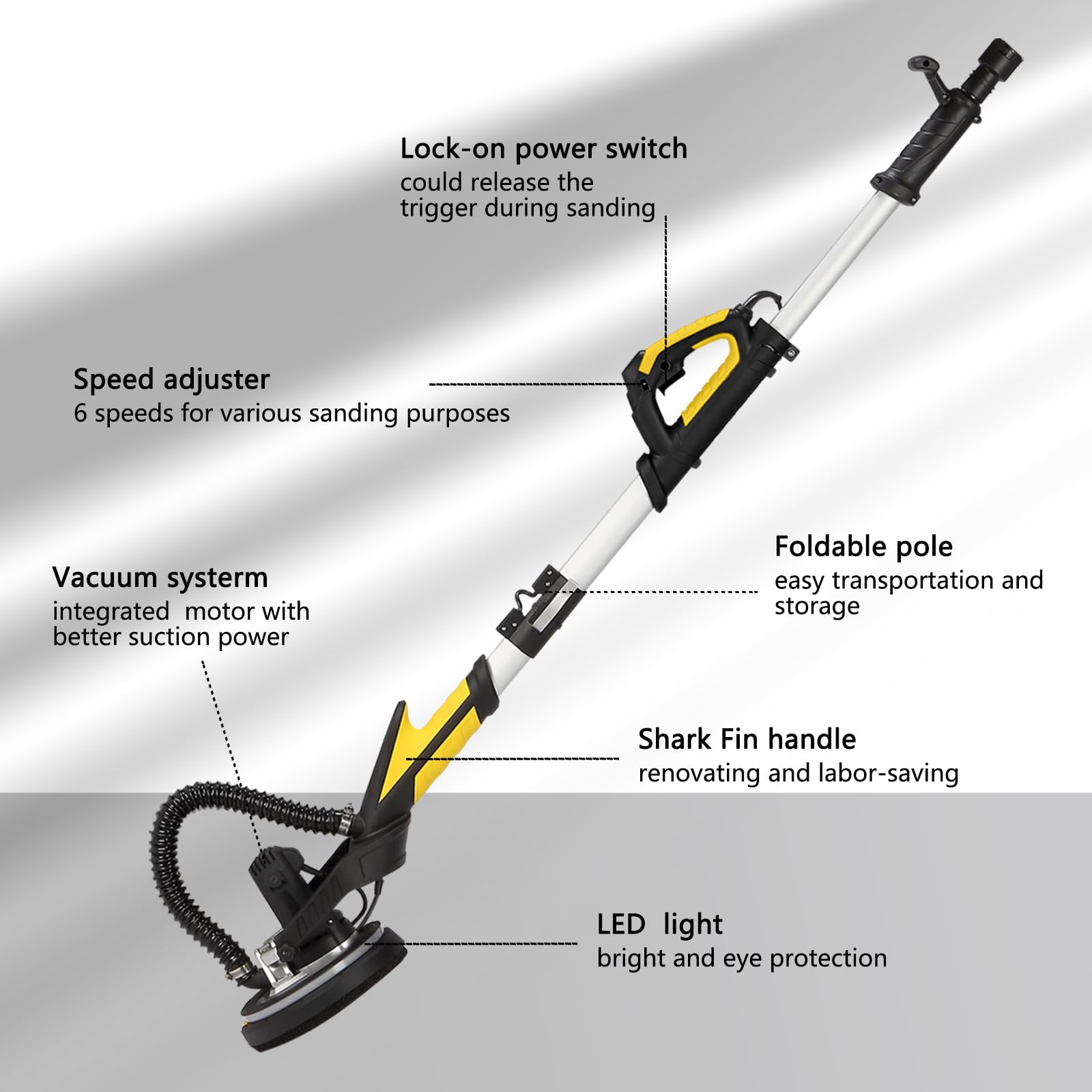 CUBEWAY 780W Drywall Sander with Vacuum Dust Collector - 6.5A Electric Wall & Ceiling Sander Tool, 7-Speed Adjustable (900-1800 RPM), Popcorn Ceiling Remover with LED Light & 20 Sanding Discs - Perfect for Home Renovation, Drywall Repair, and Surface Smoothing Projects