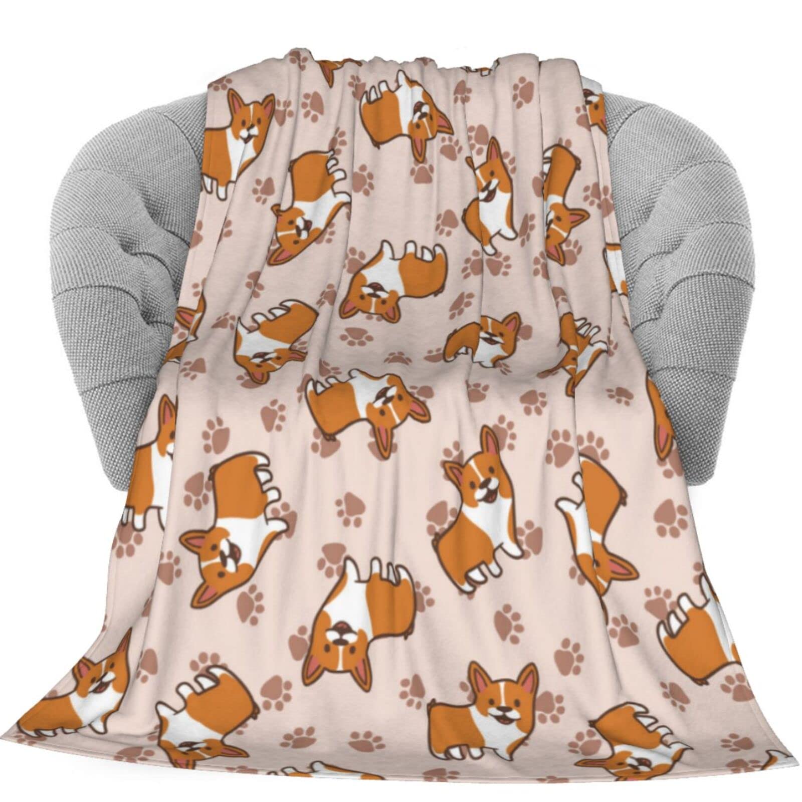 Delerain Flannel Blanket with Corgi Dog & Paw Print Design - Ultra Soft Lightweight Throw Blanket 60