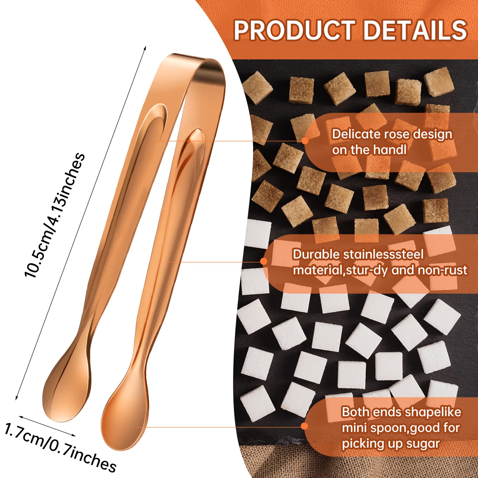 12-Pack Rose Gold Stainless Steel Mini Serving Tongs - 4.3 Inch Appetizer Tongs for Ice, Sugar, Desserts - Perfect for Tea Parties, Coffee Bars & Cocktail Serving - Durable Kitchen Utensils for Home & Commercial Use