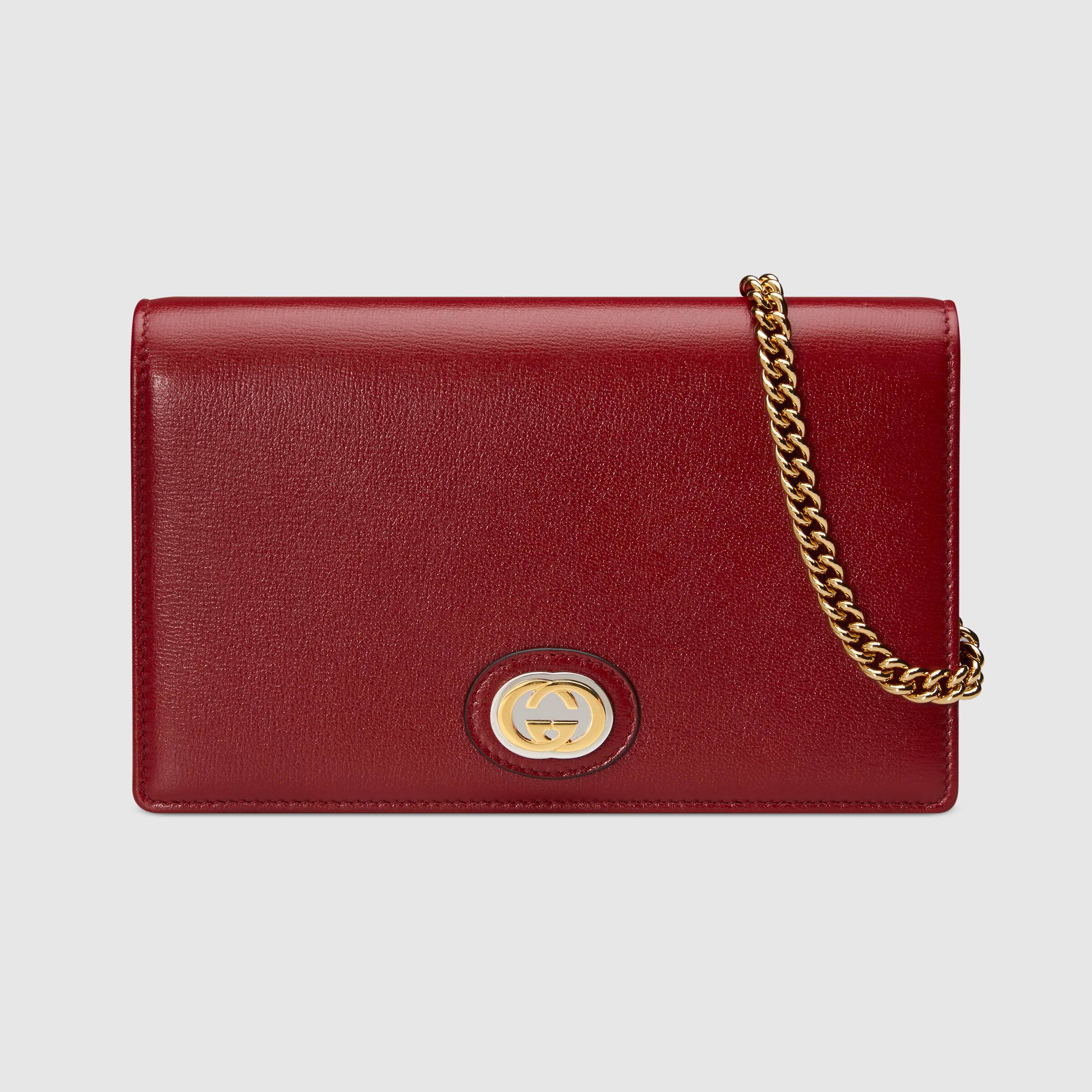 Gucci Leather Chain Card Holder Wallet for Women - Red | RFID Blocking Credit Card Case with Detachable Chain Strap | Perfect for Parties, Travel & Everyday Use