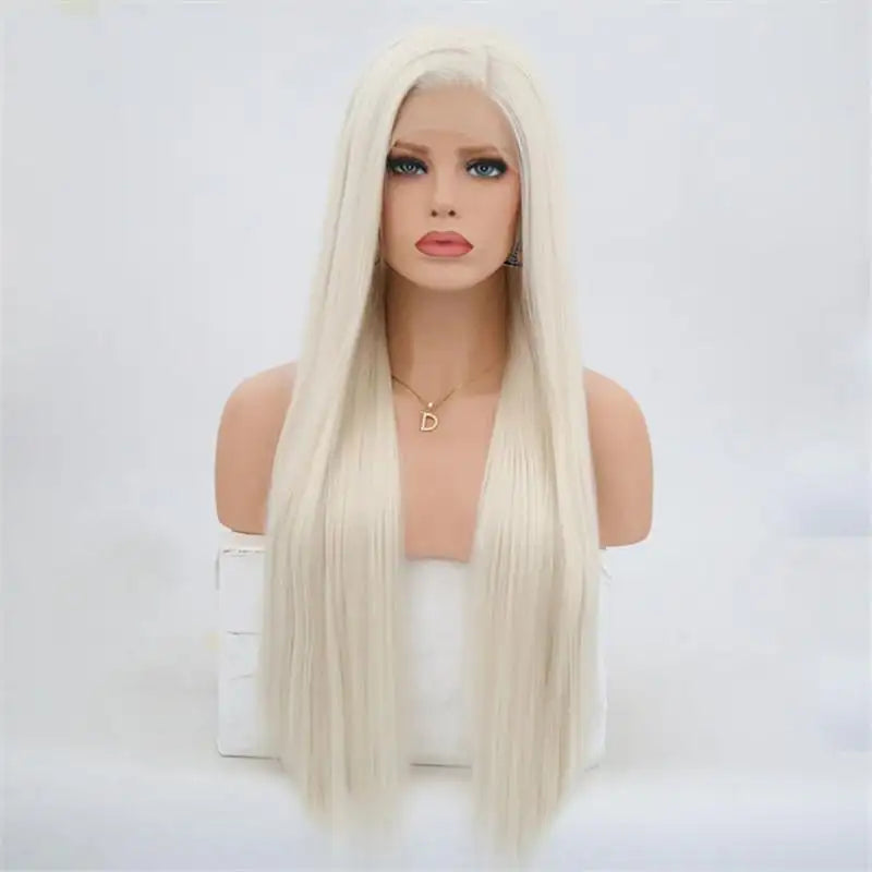 Long Silky Straight White Blonde Synthetic Lace Front Wig for Women - Perfect for Cosplay, Daily Wear & Special Occasions