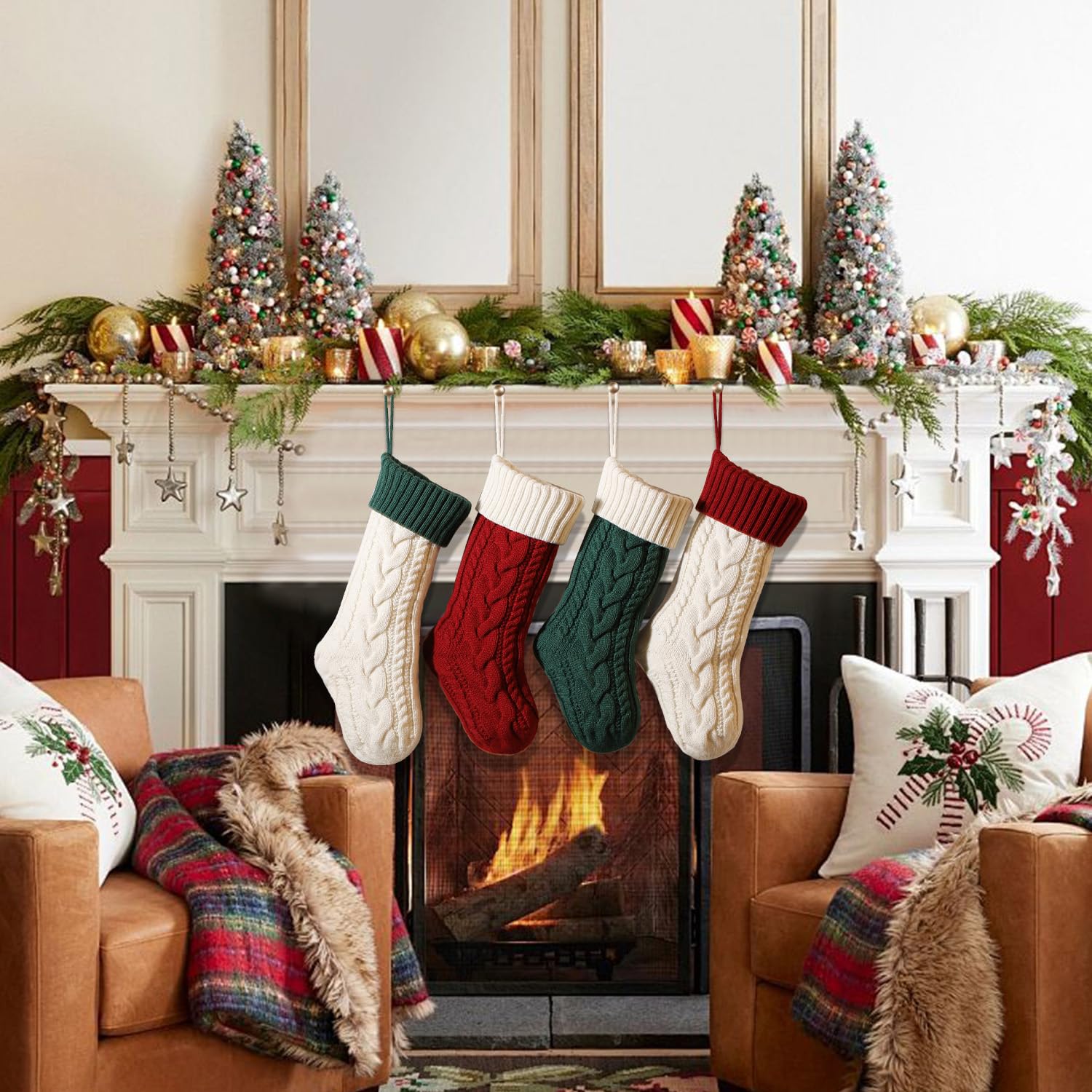 18 Inch Classic Cable Knit Christmas Stockings Set - Large Fireplace Hanging Stockings for Kids & Family - Holiday Party Decorations (Red & White, 1 Pack) | Perfect for Xmas Tree Decor, Mantel Display & Gift Giving