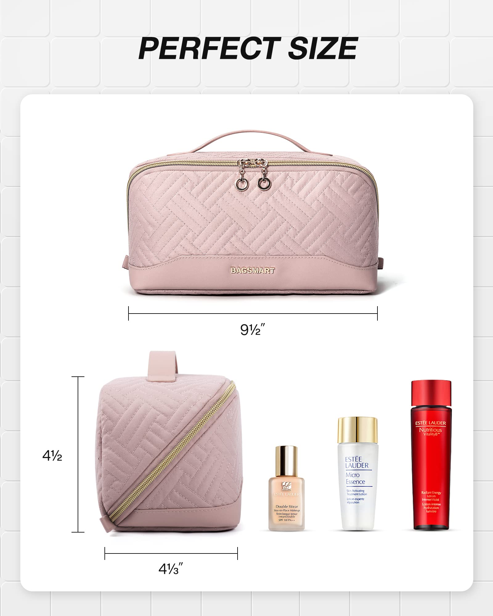 BAGSMART Water-Resistant Makeup Bag for Women - Travel Cosmetic Organizer with Flat Opening Design, Portable Toiletry Pouch for Brushes & Beauty Essentials (Pink) | Perfect for Travel, Gym & Daily Makeup Storage