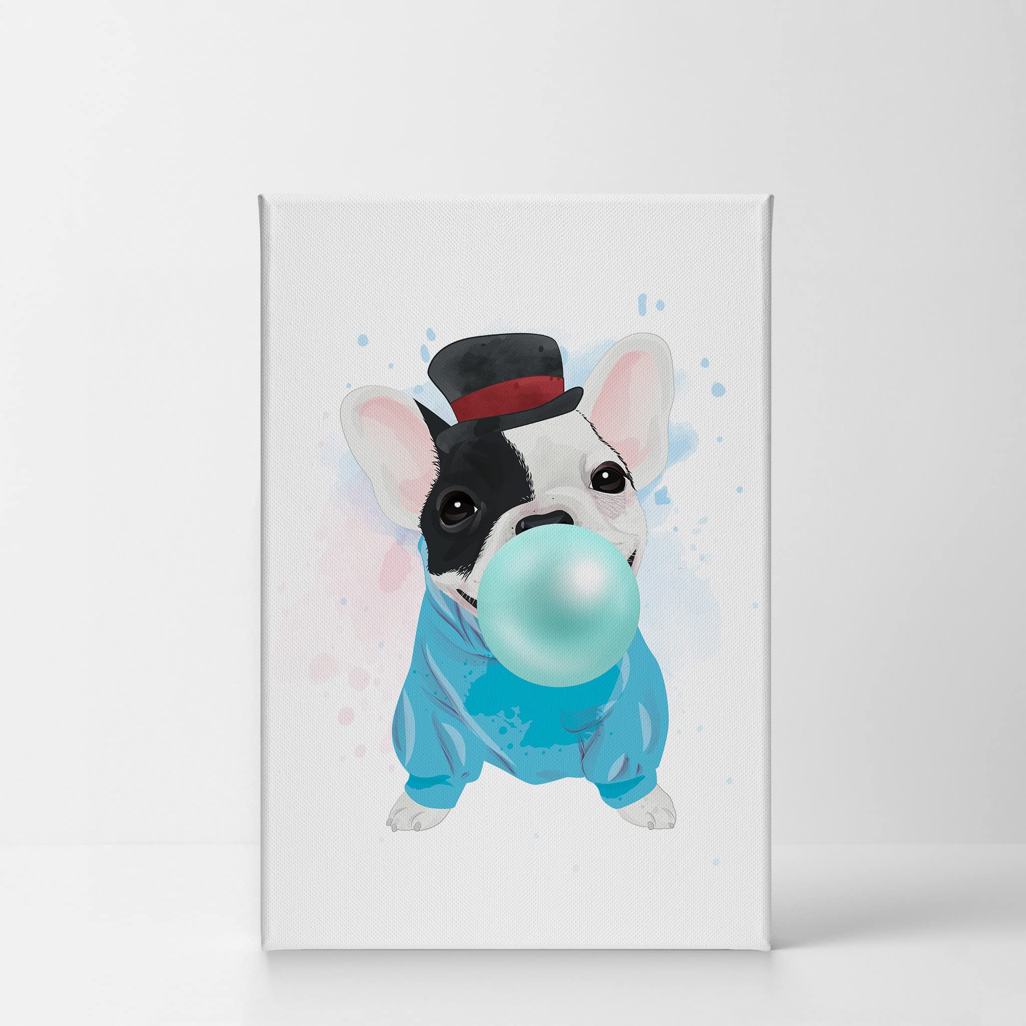 French Bulldog Portrait Sweatshirt & Hat Chewing Teal Blue Bubble Gum - Pet Lover Canvas Wall Art Print 12x8 - Perfect for Dog Themed Living Room, Bedroom, Nursery & Kids Room Decor