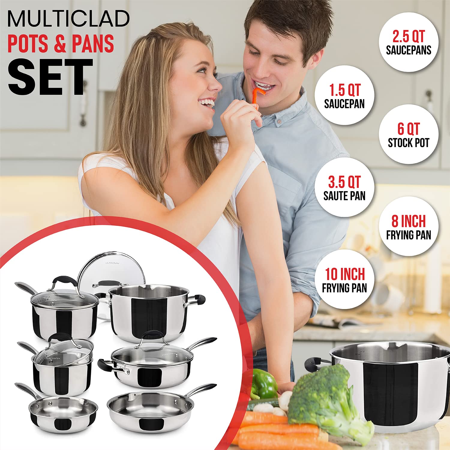 Premium AVACRAFT 18/10 Stainless Steel Cookware Set - 10-Piece Multi-Ply Pots and Pans Set for Professional Cooking | Durable Kitchen Essentials for Sauteing, Boiling & Frying | Ideal for Home Chefs & Restaurants