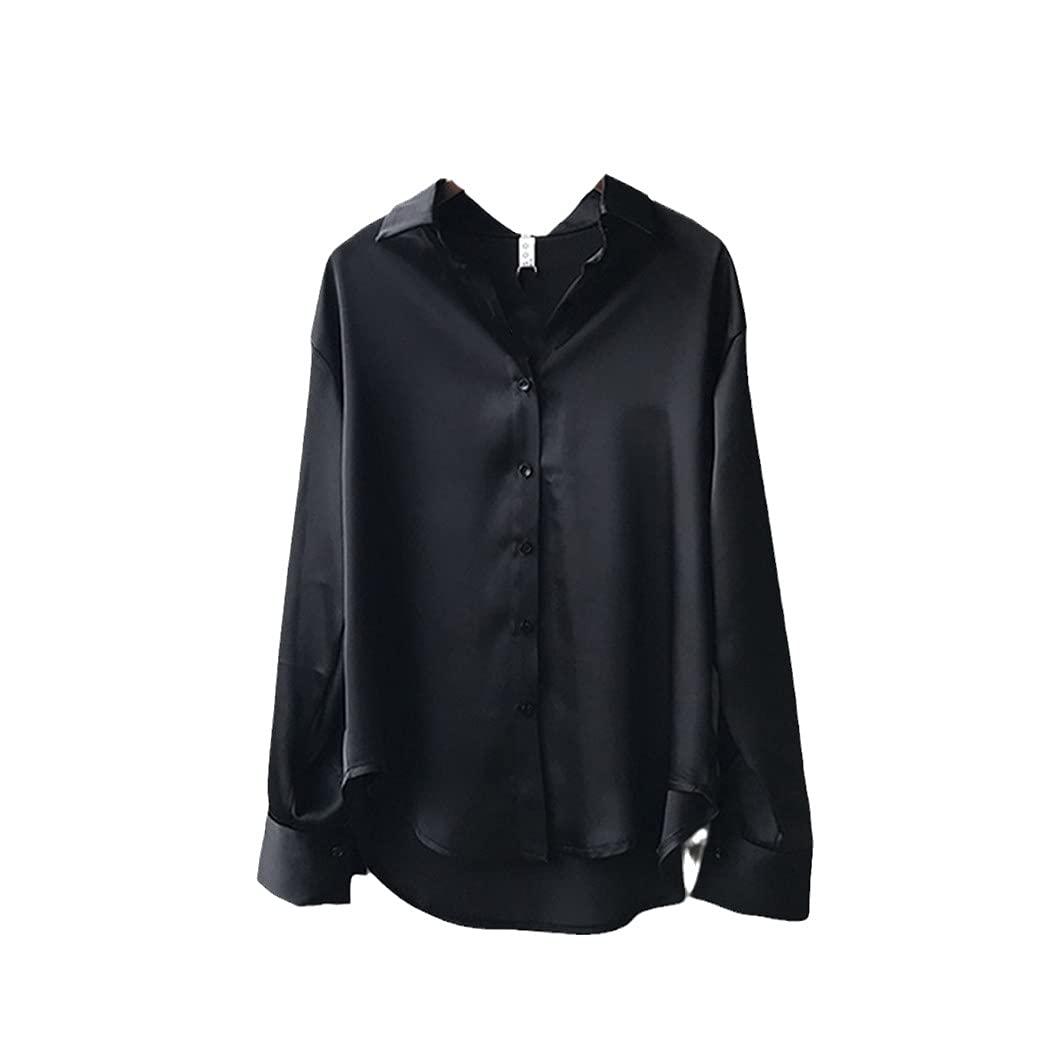 Elegant Korean Silk Office Shirt for Women - Vintage White Long Sleeve Satin Blouse, Button Up Tops, Black, X-Large - Perfect for Business Casual, Workwear & Formal Occasions