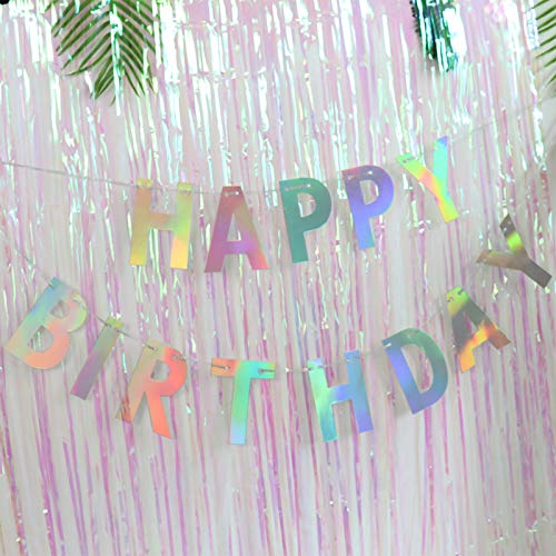 Pre-Strung Holographic Happy Birthday Banner - Iridescent White Party Decor - No DIY Hanging Bunting Garland for Birthday Parties, Baby Showers & Celebrations