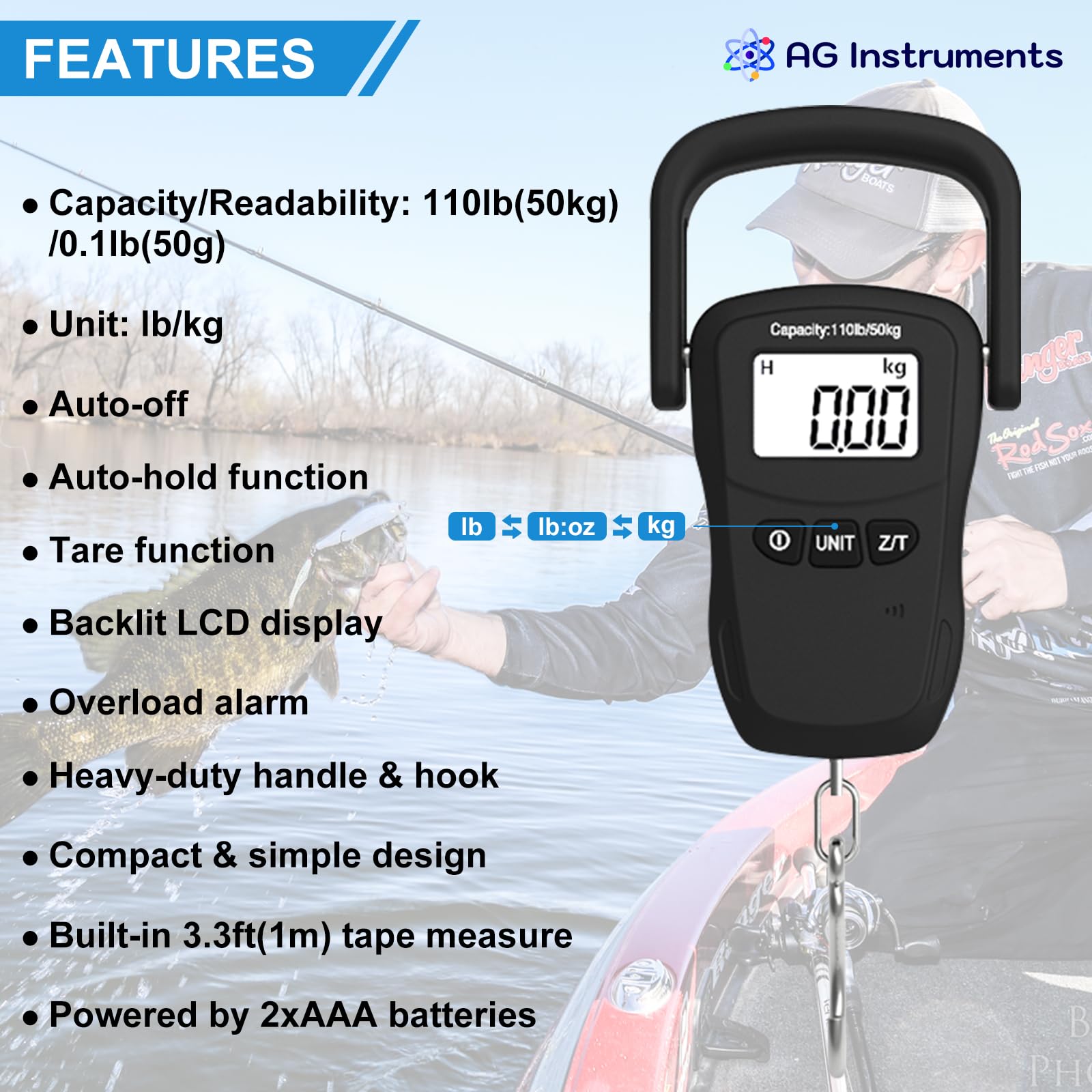 Digital Fish Scale with Large Handle - 110lb Capacity & 1.6oz Accuracy - Hanging Scale with Measuring Tape - Perfect for Fishing, Luggage Weighing & Hay Measurement