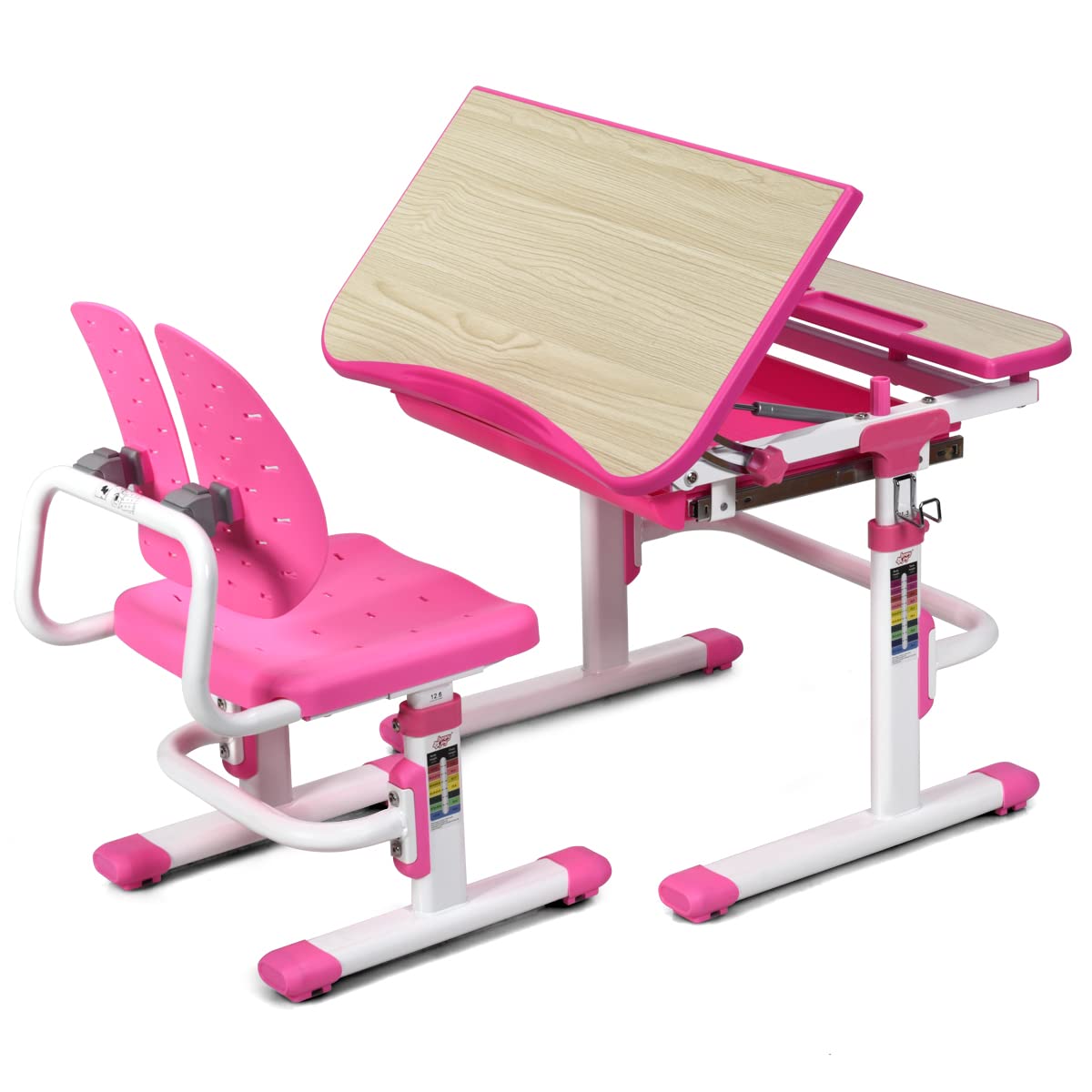 ARLIME Adjustable Kids Desk and Chair Set - Ergonomic Study Desk with Tilt Desktop, Storage Drawer & Metal Hook - Perfect for Boys & Girls (Pink) - Ideal for Homework, Drawing & Online Learning at Home