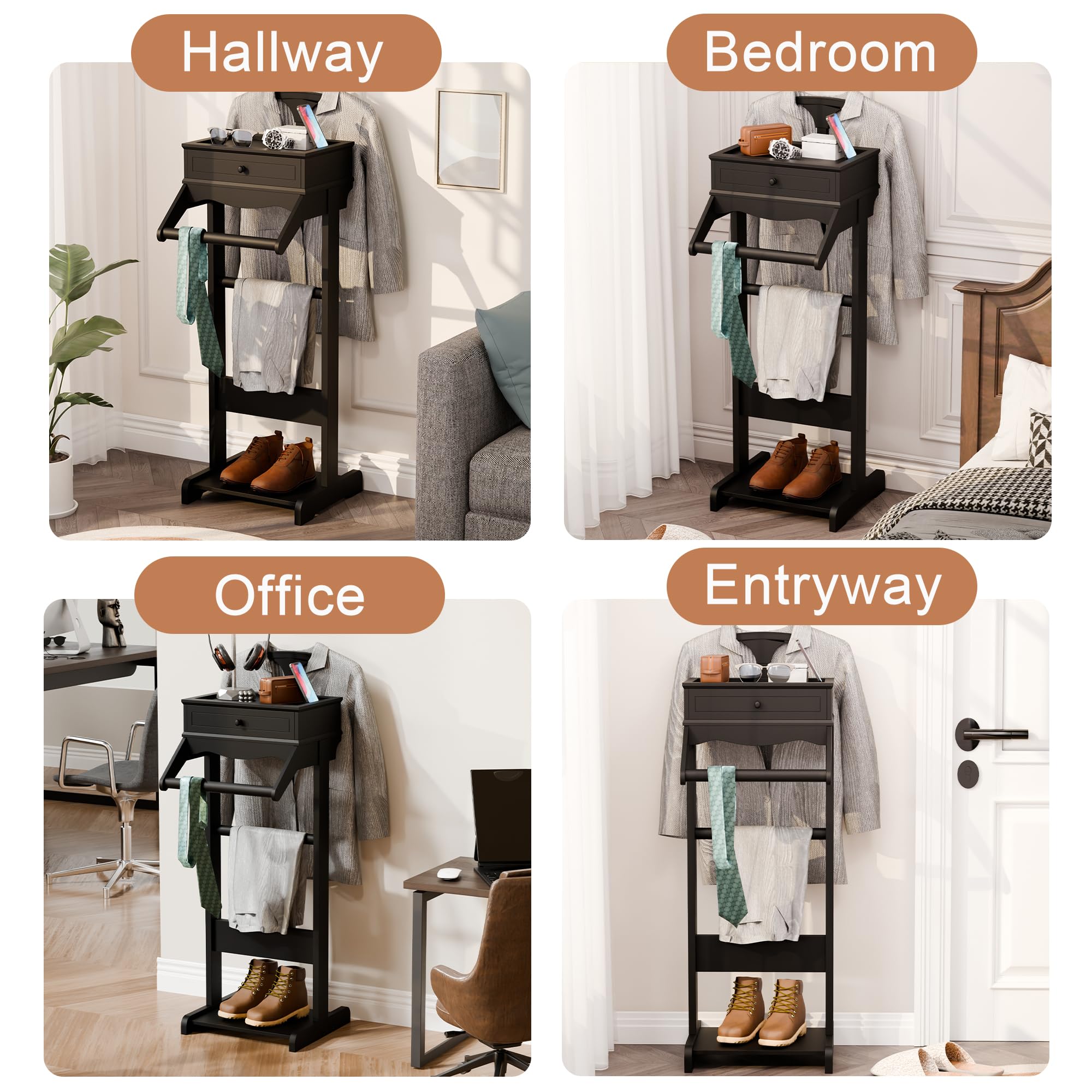 Brefhome Wooden Valet Stand with Drawer & Tray - Modern Clothing Rack for Men & Women - Entryway, Bedroom & Commercial Use - Black Garment Organizer (Perfect for Home & Office Storage)
