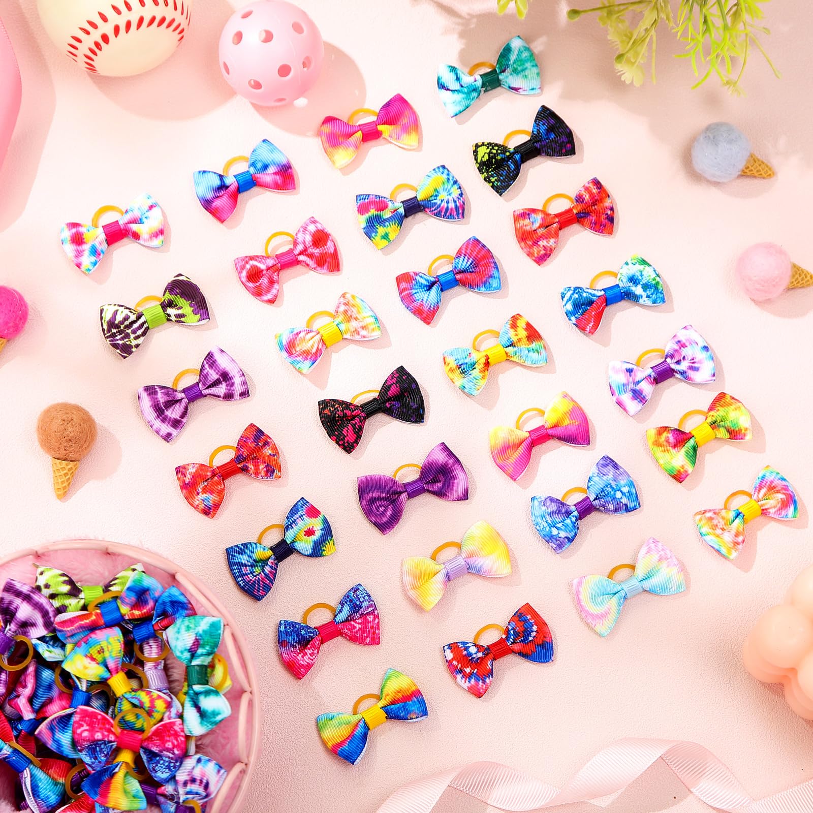 60 Pcs Cute Puppy Dog Hair Bows - Small Bowknot Hair Accessories with Rubber Bands for Dogs, Handmade Pet Grooming Supplies - Perfect for Holiday, Birthday Gifts & Party Outfits (Tie Dye Pattern)