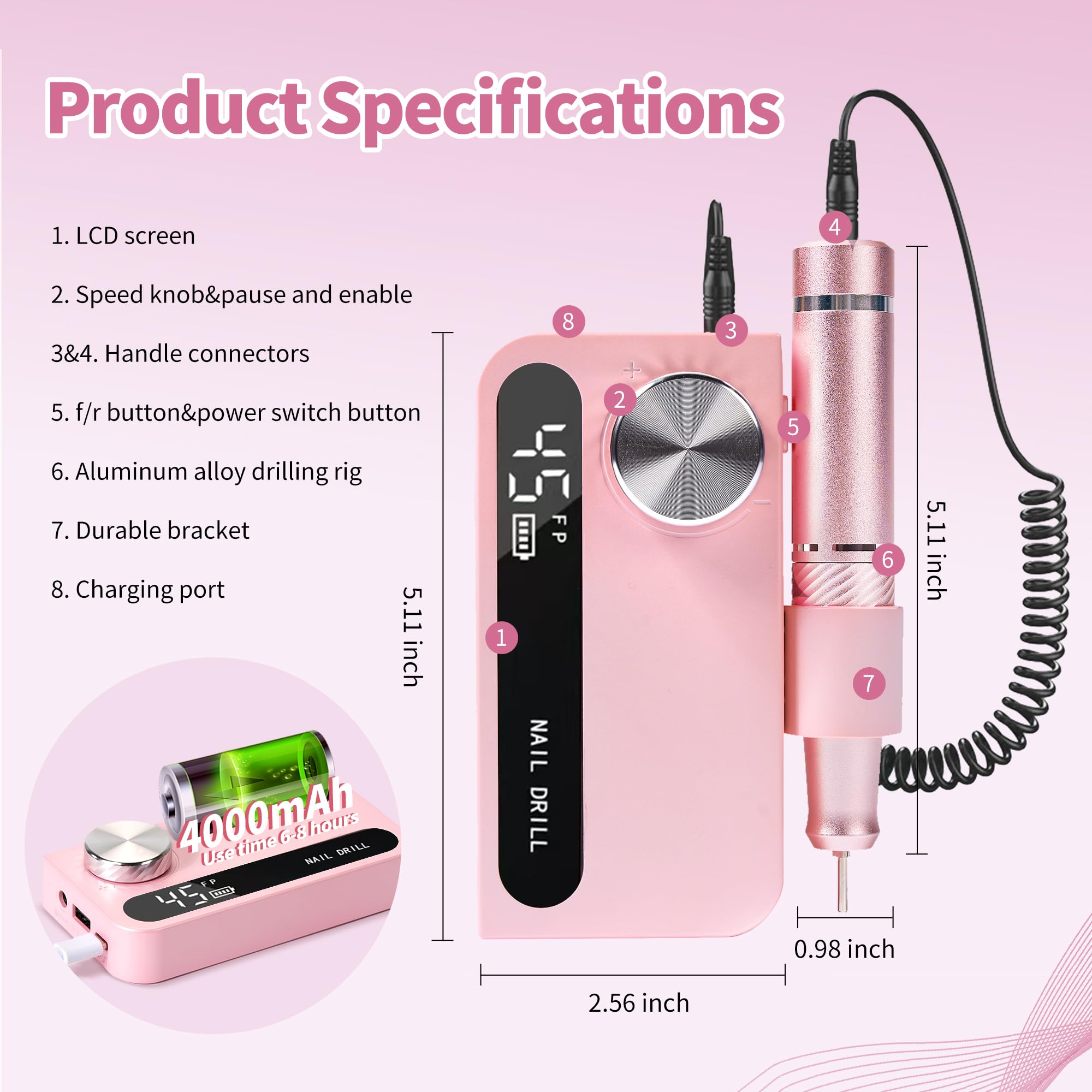 Professional Cordless Electric Nail Drill - 45000 RPM Rechargeable Manicure Machine for Acrylic & Gel Nails | Portable Nail File Kit for Salon & Home Use | Perfect for Nail Art, Polish Removal & Pedicures (Pink)