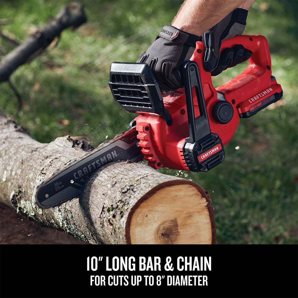 CRAFTSMAN V20 10-Inch Cordless Mini Chainsaw with Battery & Charger (CMCCS610D1) - Perfect for Tree Trimming, Yard Maintenance & DIY Wood Cutting Projects