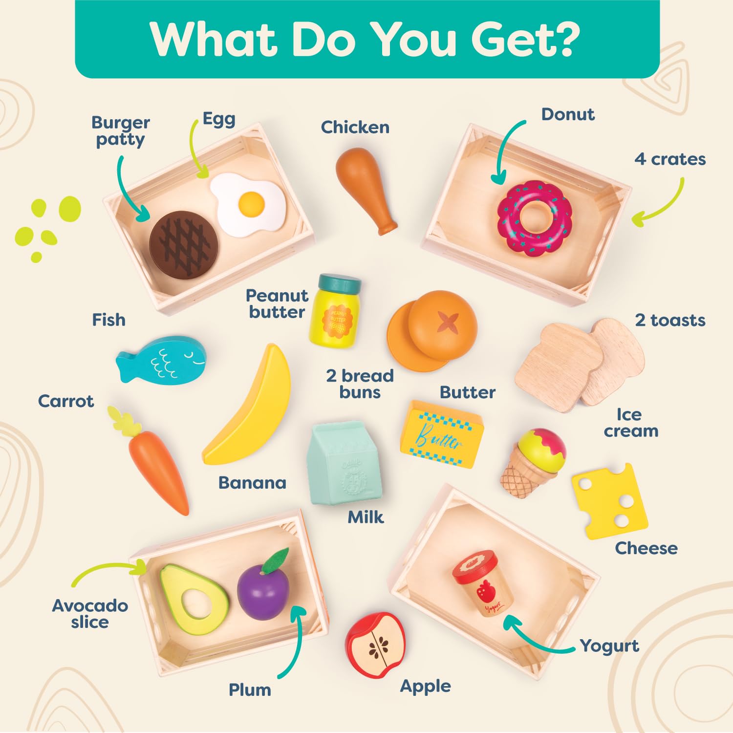 B. Toys Little Foodie Groups - 24-Piece Wooden Play Food Set for Pretend Play - Educational Kitchen Accessories for Kids Ages 3+ - Perfect for Play Kitchens, Preschool Learning & Role-Playing Games