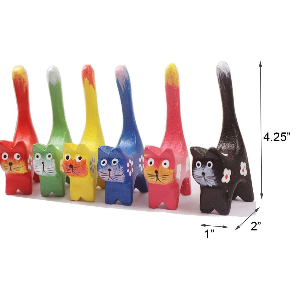 Set of 6 Handcrafted Wooden Cat Figurines - 4.25