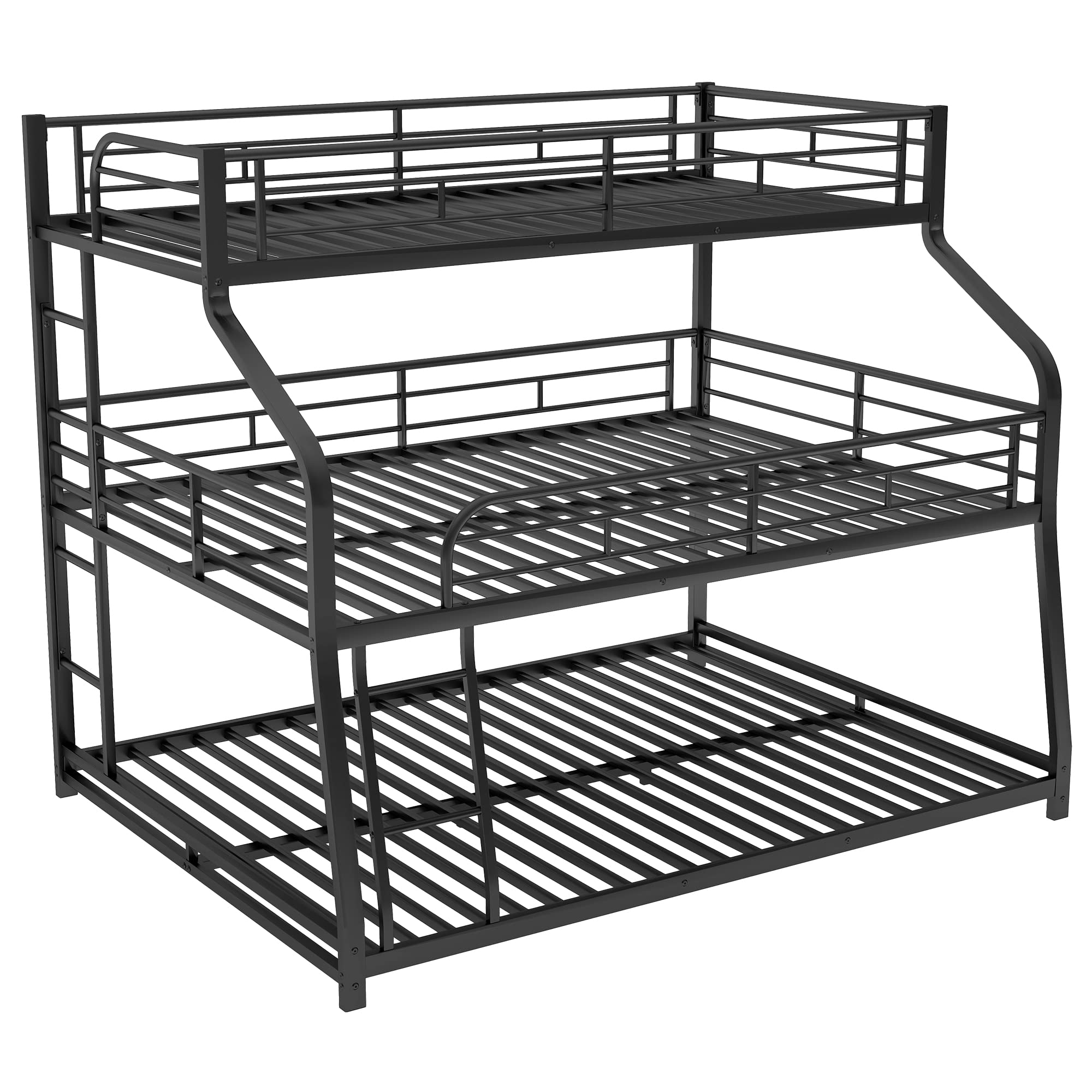 Black Triple Bunk Bed Frame for Twin XL/Full XL/Queen Size - Sturdy Metal Frame with Long & Short Ladder & Full-Length Guardrails - Perfect for Kids' Bedrooms, Dormitories & Space-Saving Home Solutions