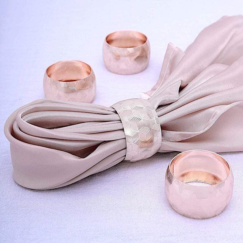 4 Pack Geometric Engraved Metallic Napkin Rings - Elegant Tableware for Wedding, Dinner Party & Holiday Decor