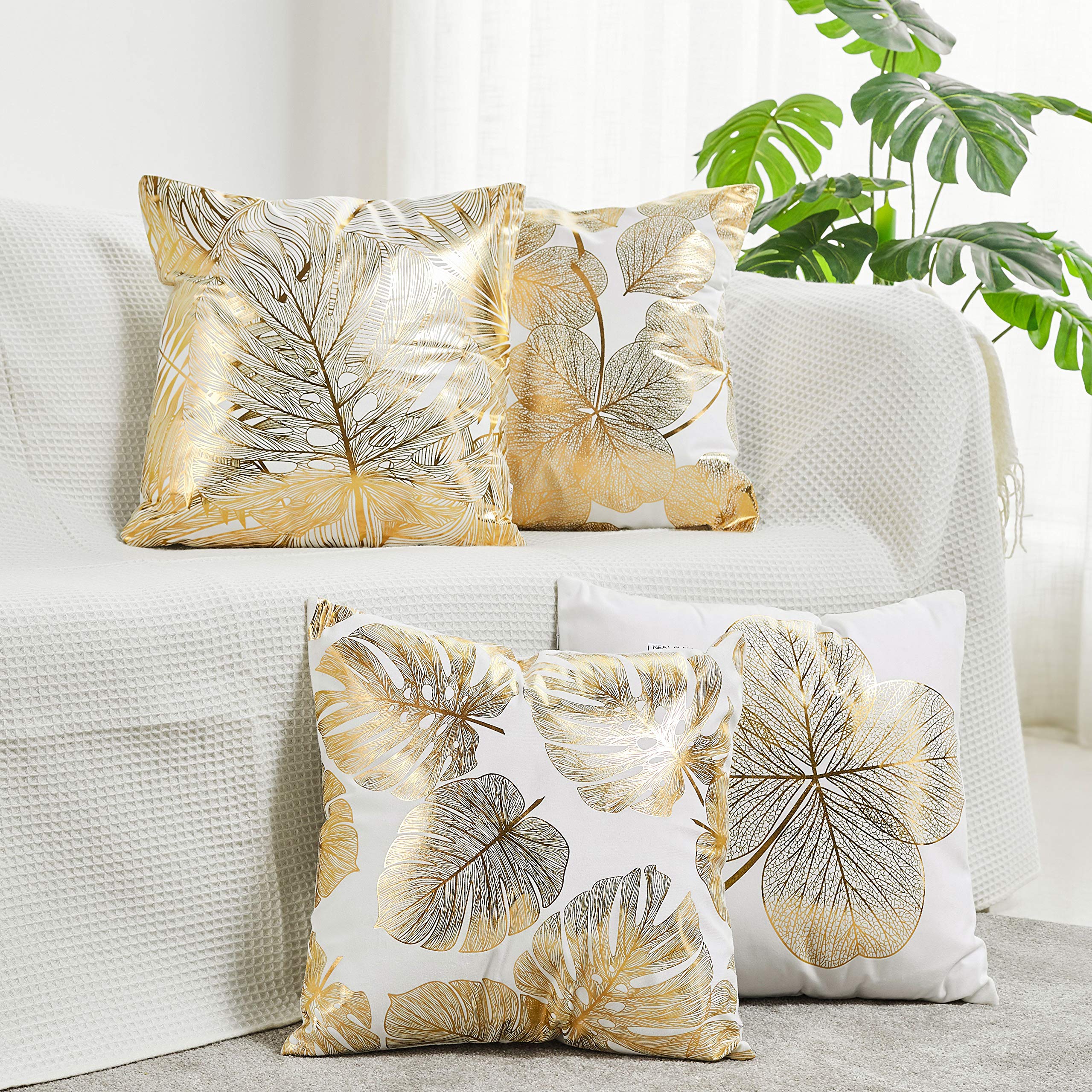 4 Pack Gold Foil Leaf Print Decorative Throw Pillow Covers 20x20 Inches (50x50cm) - Luxury Couch, Bedroom & Car Decor Accent Pillow Cases for Home, Living Room, Sofa and Office Decor