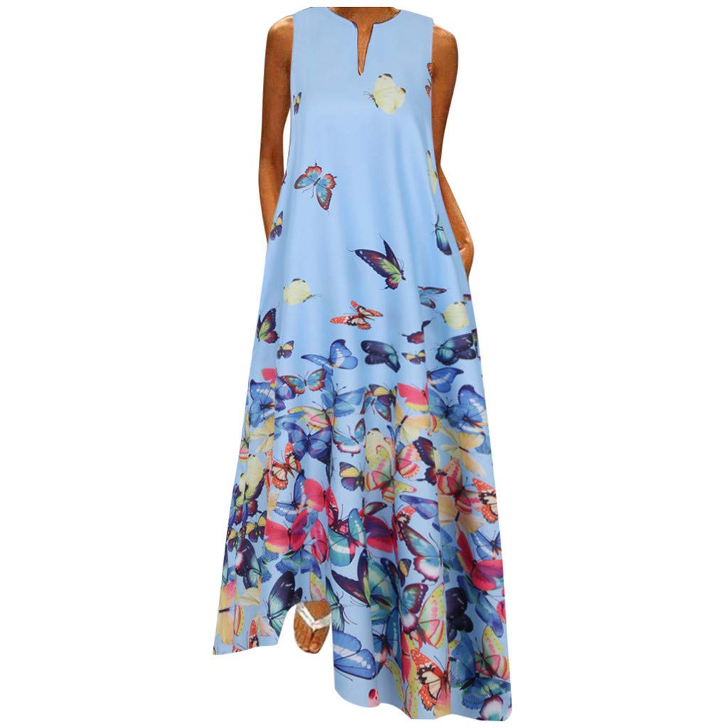 Women's Casual Summer Sleeveless V-Neck Butterfly Print Maxi Dress - Flowy Long Party Dress for Beach, Vacation & Special Occasions
