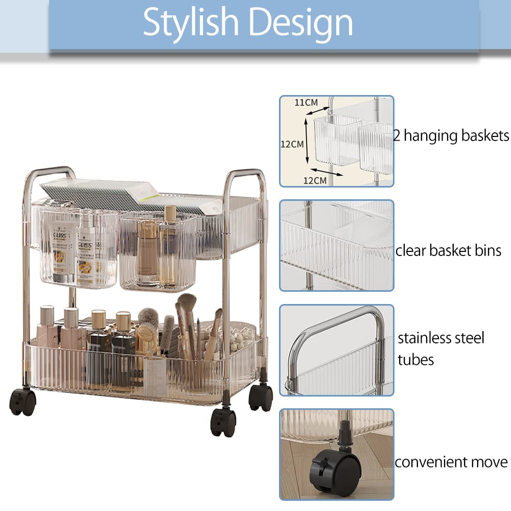 2-Tier Rolling Cart with Wheels - Mobile Storage Organizer for Office, Home & Kitchen - Under Desk Trolley with Handle & 2 Hanging Baskets - Perfect for Small Spaces, Dorm Rooms & Craft Supplies (Transparent)