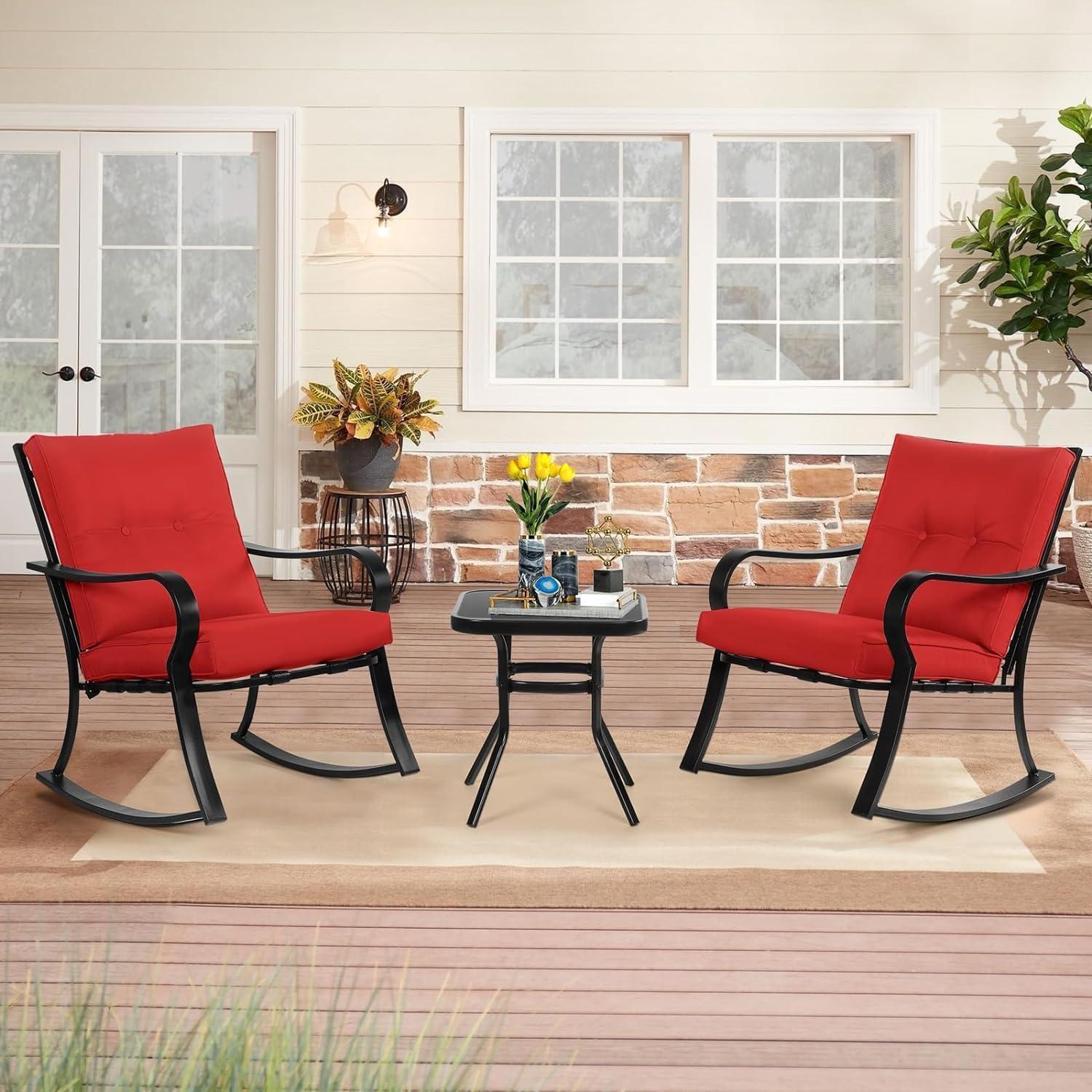 SUNCROWN 3-Piece Outdoor Rocking Chair Patio Set - Black Steel Bistro Furniture with Thickened Cushions & Glass-Top Coffee Table (Red) - Perfect for Garden, Porch, Backyard Relaxation and Outdoor Entertaining