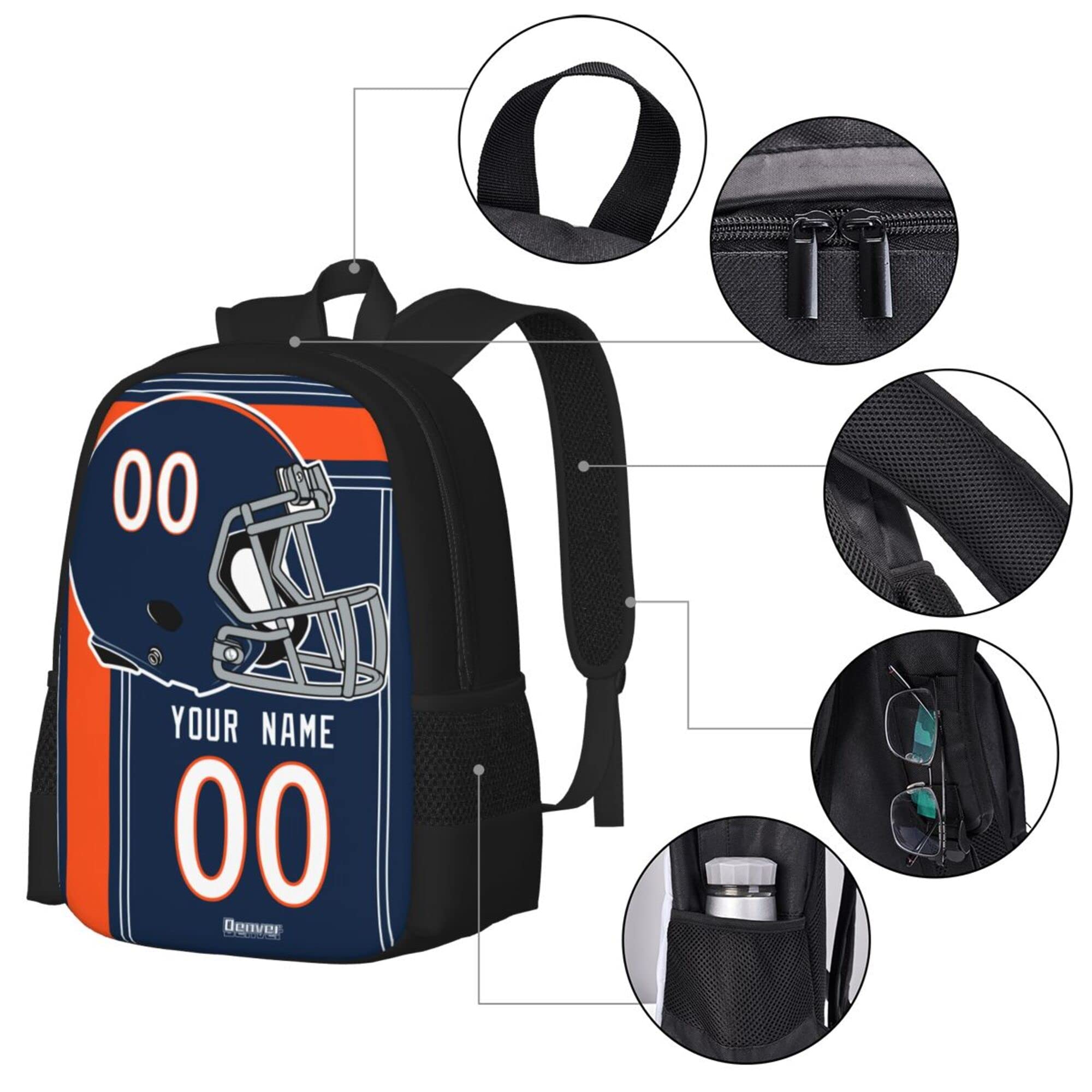 ANTKING Denver Backpack - Customizable High Capacity Backpack with Personalized Name & Number - Perfect Gift for Kids, Men & Sports Fans - Ideal for School, Travel & Game Day