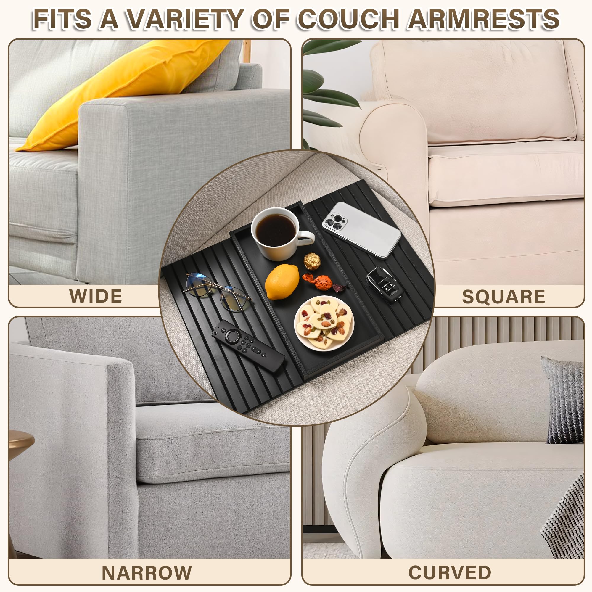 Foldable Bamboo Sofa Arm Tray with Anti-Slip Pad - Couch Armrest Table for Eating, Drinking, Snacks, Remote Control & Phone - Perfect for Living Room, Bedroom, Office & Home Theater Use