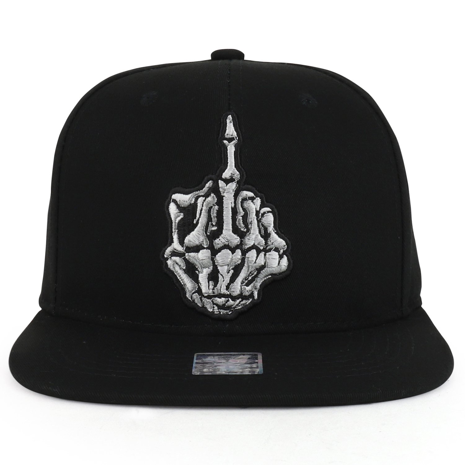 Trendy Skeleton Middle Finger Embroidered Snapback Hat - Flatbill Baseball Cap for Men & Women - Perfect for Streetwear, Hip Hop Fashion and Halloween Costumes